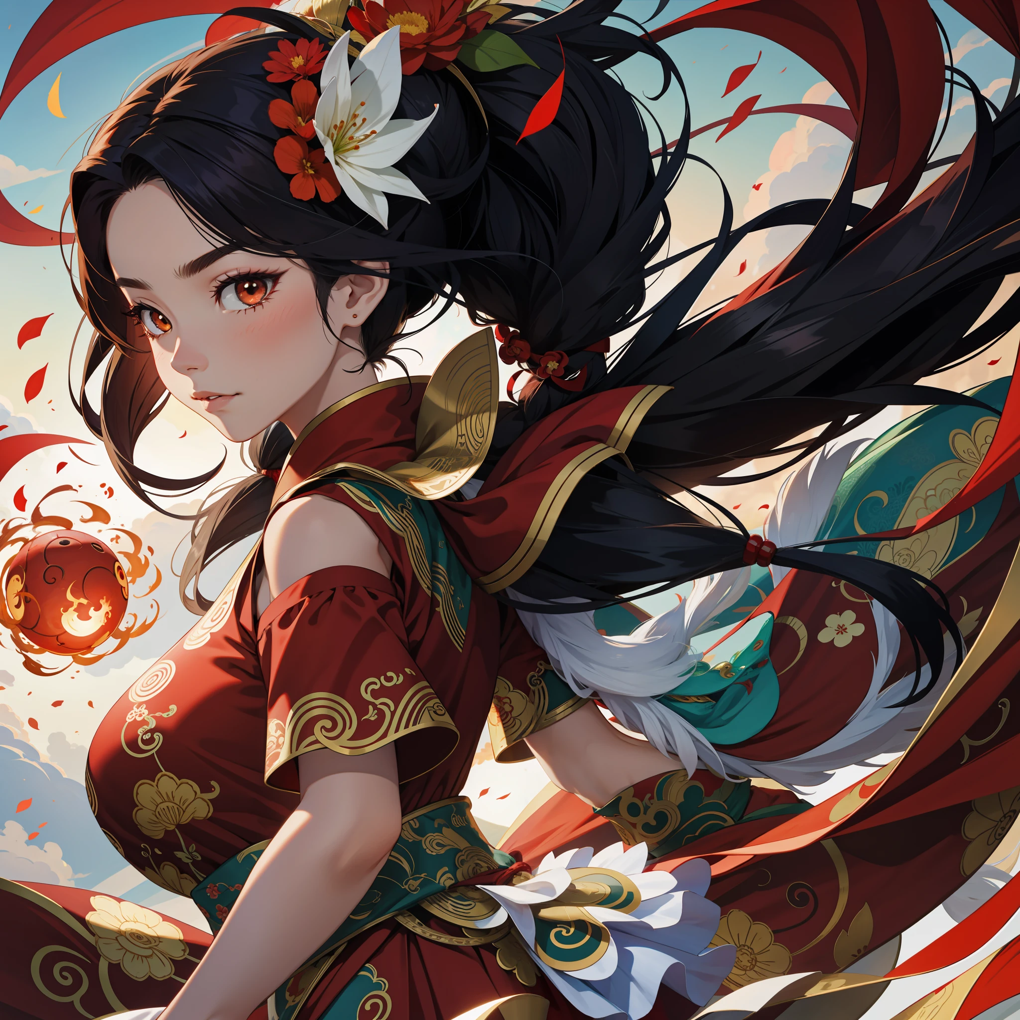 1girl, liuyun, fire ball, long hair, floating hair, hair flower, eastern dragon, red and white, upper body, looking at viewer,