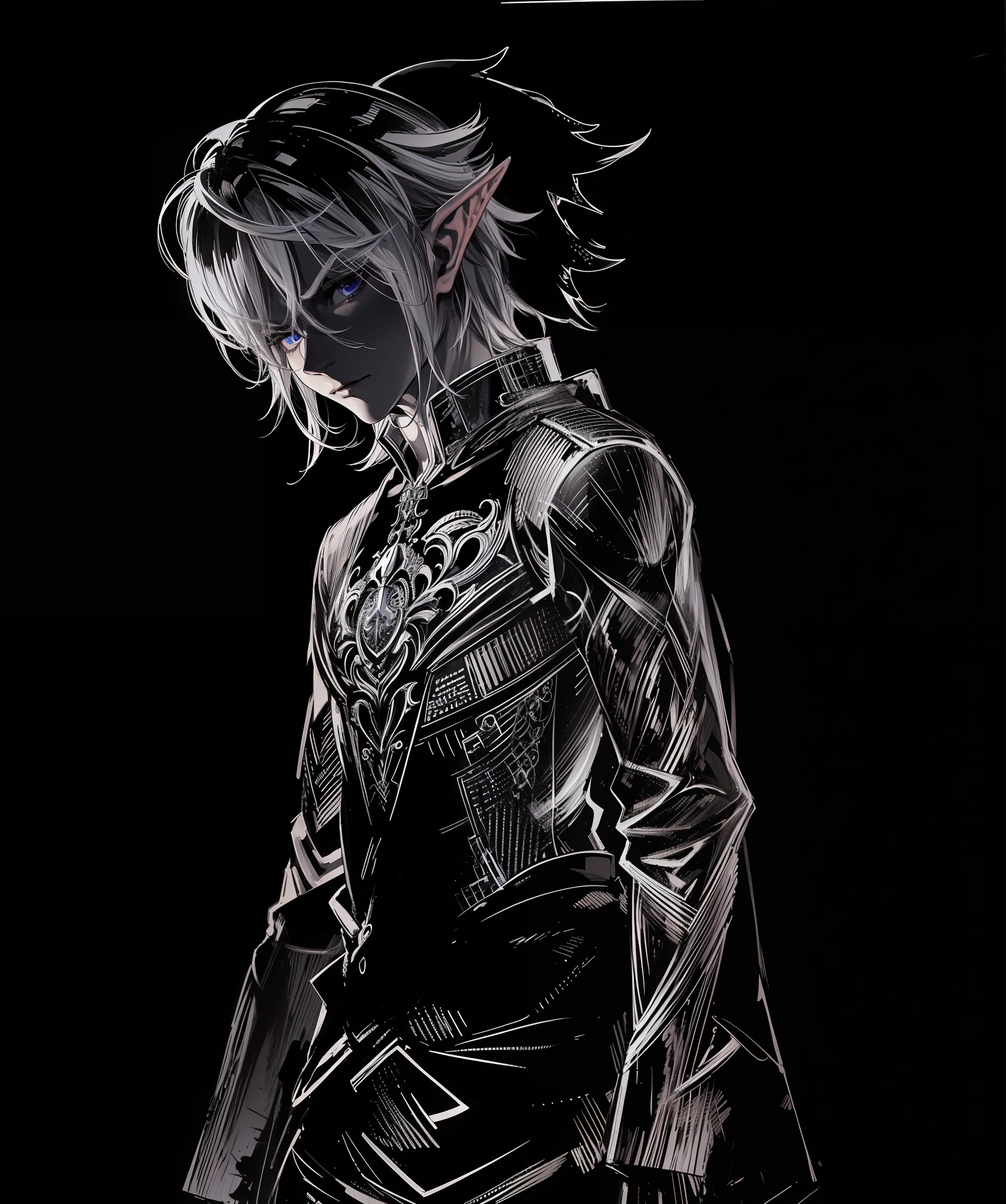 Masculine,serious, expression would be, white hair,elf, hair with white color.
