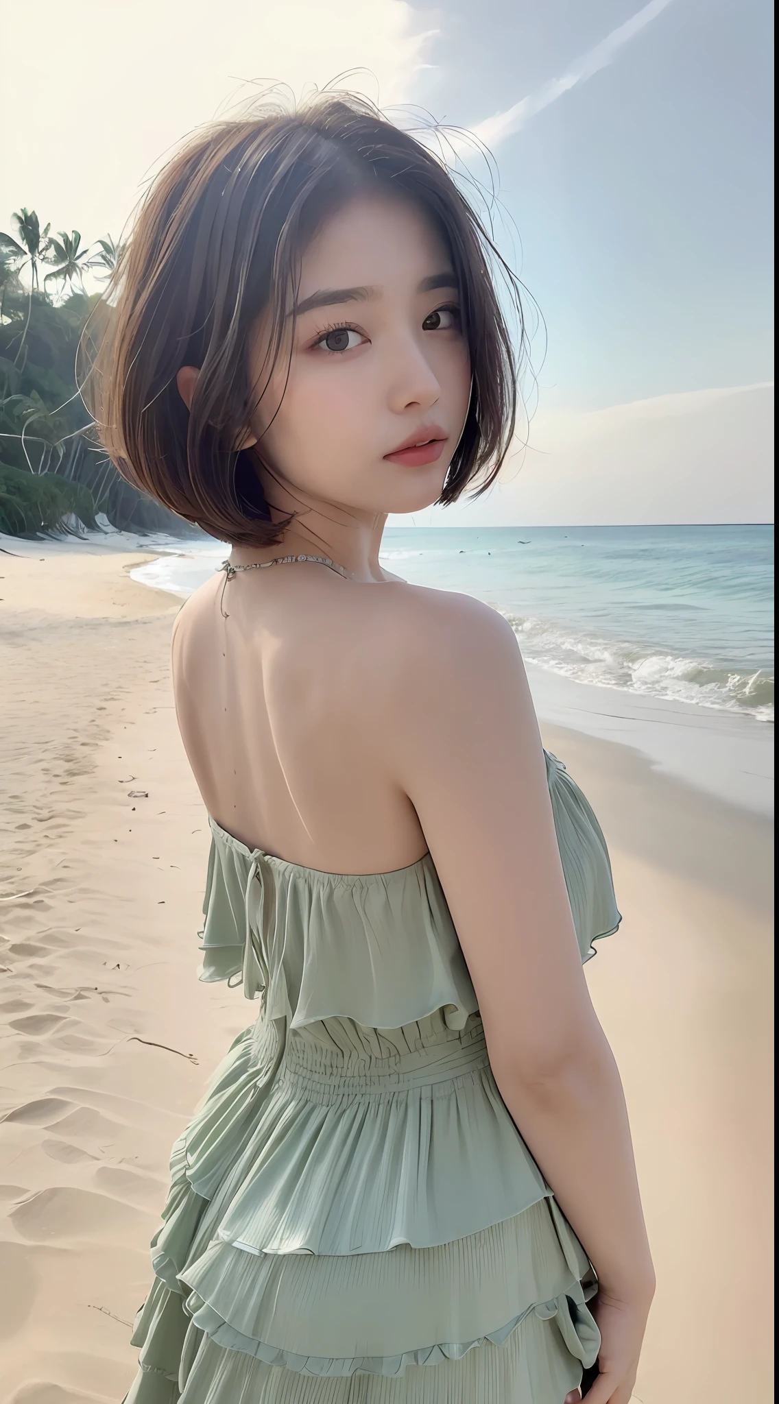((Best Quality, 8K, Masterpiece:1.3)), Focus:1.2, Perfect Body Beauty:1.4, Buttocks:1.2, (Layered Haircut:1.2)), , (Beach:1.3), Bandeau Dress: 1.1, Highly detailed face and skin texture, Fine eyes, Double eyelids, Whitening skin, Short hair, (Shut up: 1.3),