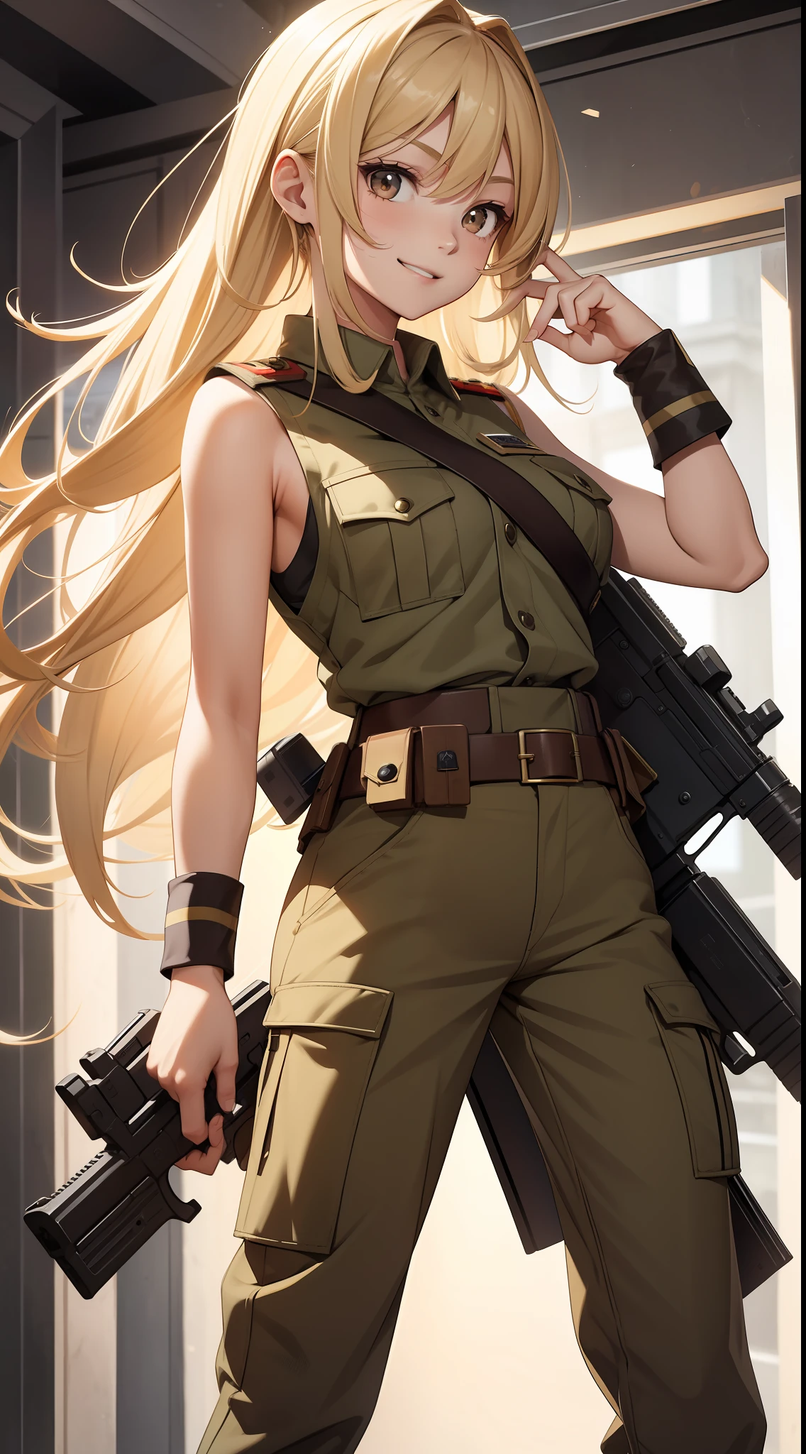 Young girl, long lush blonde hair, brown eyes, soldier's uniform, sleeveless, pants, gun, funny look, smile, masterpiece, high quality