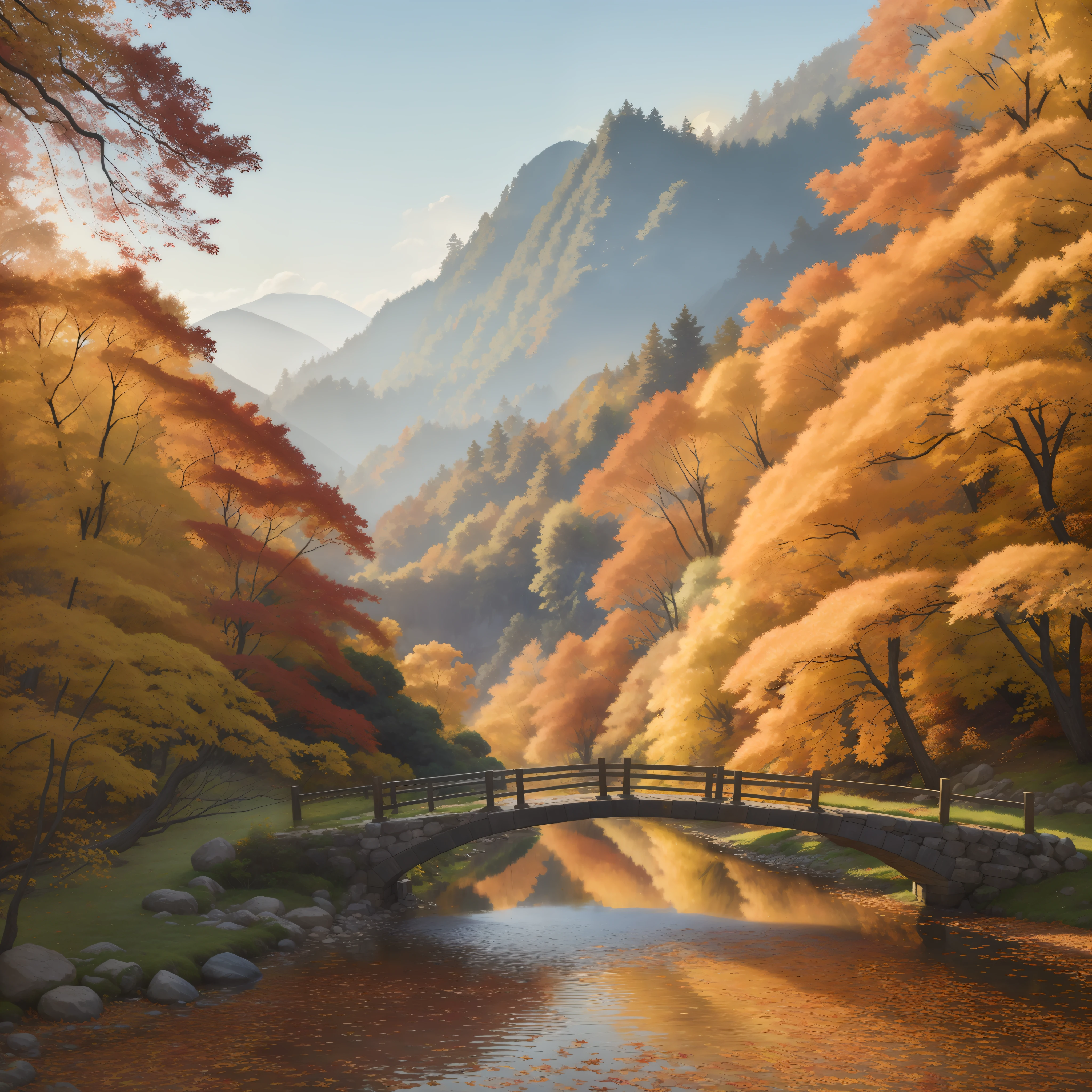 (best quality, masterpiece), [autumn beauty], full of maple leaves, warm sun falling, small bridges and flowing water, bluestone road, elegant atmosphere, distant mountains looming, quiet and comfortable, ultra-high-definition 8K wallpaper, smooth picture, delicate texture, beautiful and natural painting style, unique charm.