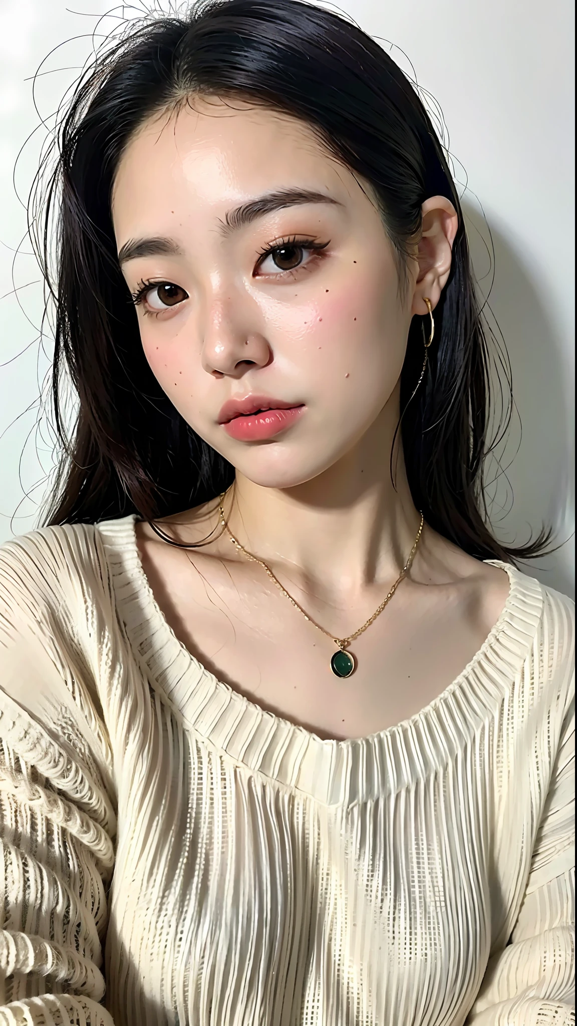 (Best Quality, 8k, 32k, Masterpiece, UHD: 1.2), Cute Japan Woman Pictures, Long Hair, Upper Body, Face Focus, oversized_sweater, Necklace, Simple Background, From Above, Viewer, Dressed Woman, Black Eyes, Black Hair,