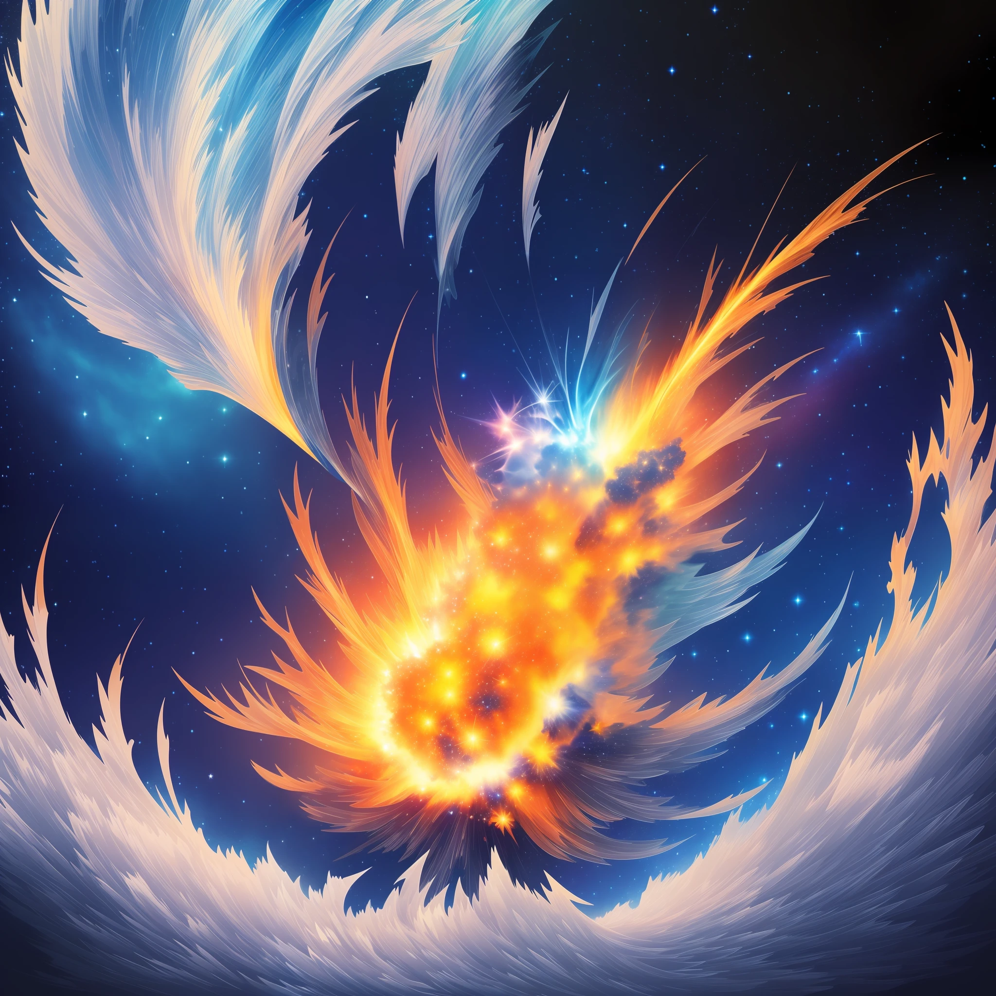 Draw an explosion of elements water,ice,fire,wind looking at the viewer in a starry sky(ultra-detailed,masterpiec