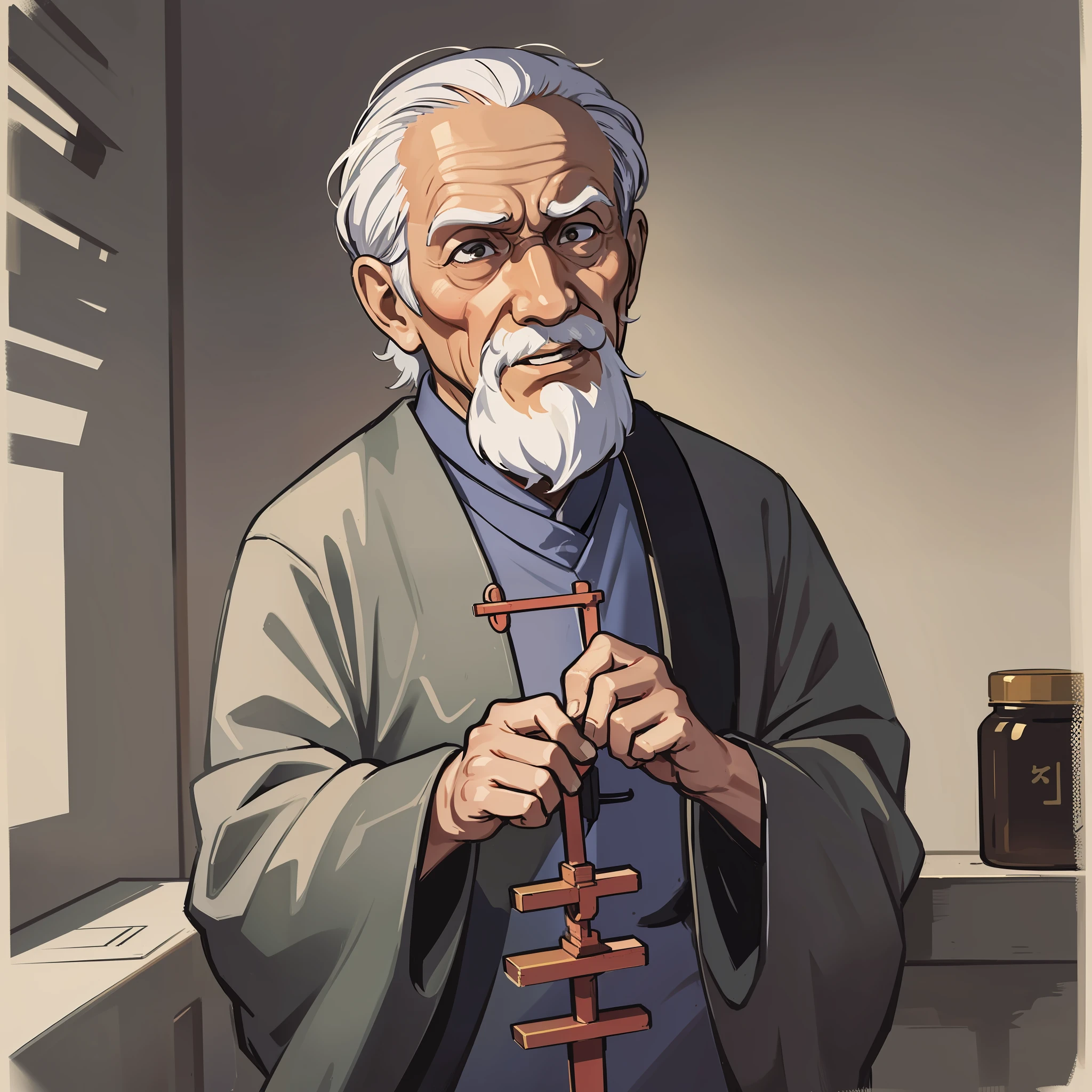 Old man, holding an abacus, room, Taoist uniform, horror atmosphere, sense of shade, sense of desolation, doomsday atmosphere, cold colors, dim light, flat lines