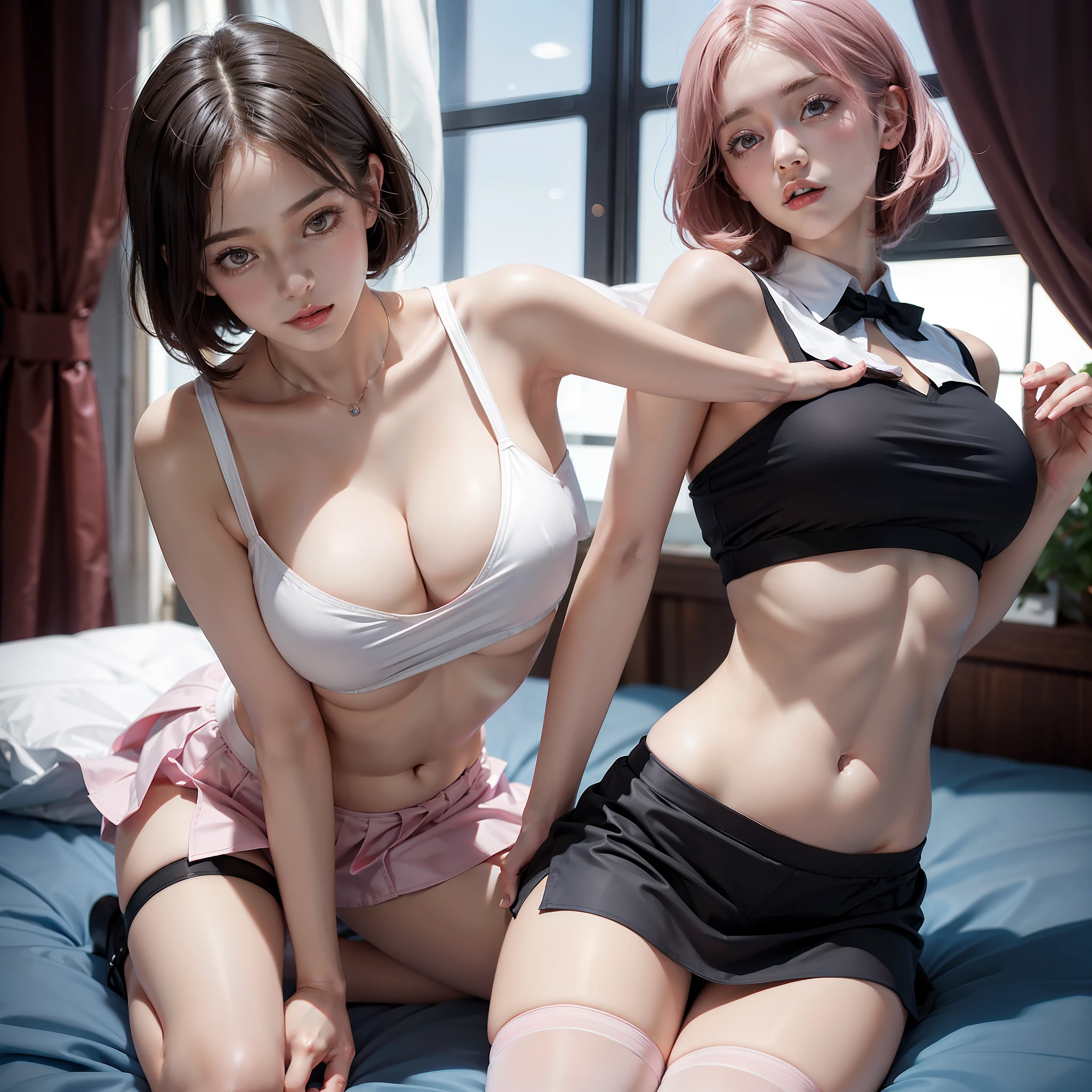 (Realisticity: 1.4), 1girl, with a delicate and beautiful face, school uniform, white cut top, pink short skirt, black stockings, (big breast: 1.2), sexy pose, belly button, cleavage, background is campus, perfect detail rendering