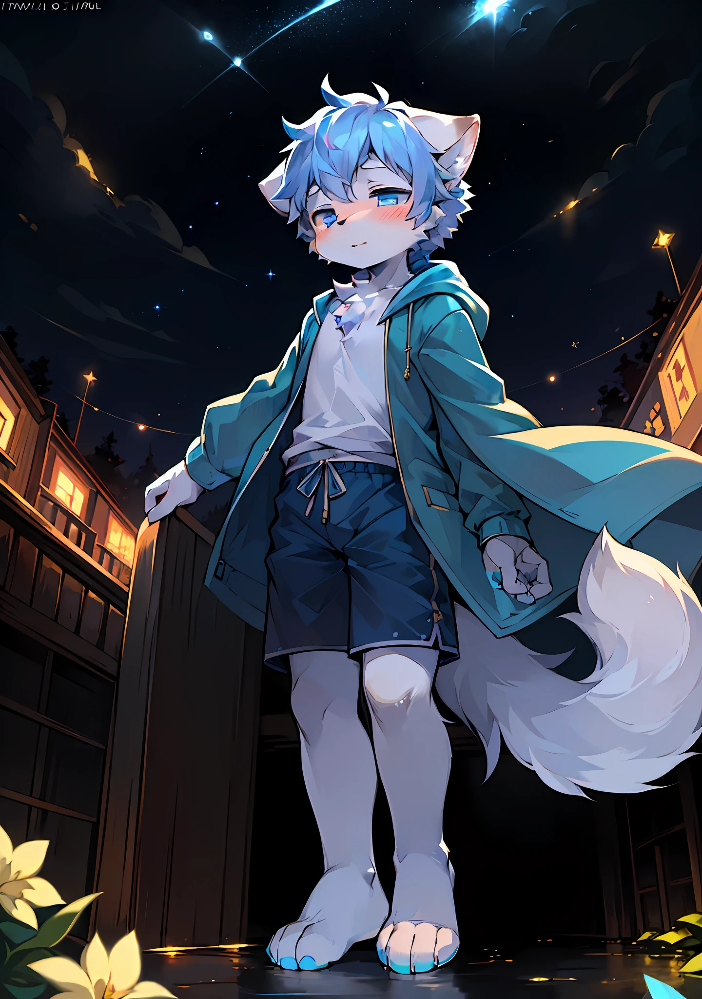 (masterpiece:1.3), (2D:1.0), (anime:1.0), (illustration:1.0), (sharp:1.2), (hard light:1.0), (shadow:1.0),(reflection, refraction:0.8), (light, dappled light, glare, lens flare, Tyndall effect: 1.0), (sharp, shiny: 1.0), (Best Quality: 1.2), (Ultra Fine: 1.0), (Extremely Complex: 1.0), (Blurred foreground, Cinematic Light, Ray Tracing: 1.1), (bright_colors, dark_intense_shadows: 1.1), (Impasto, Colorful: 1.2), (warm_light_from_below, glow_white_ particles：1.1），（Ensemble_Stars！ _\(style\):0.95). wolf_boy,anthro,uploaded_on_e621,solo,upper_body,cowbow_shot,male_focus,furry_kemono,furry_male,cub,young_male,bishounen,11_years_old,kawaii,cute,fancy,fragile,cool, handsome. detailed_fluffy_fur,tuft,(white_fur,body_fur,oil_skin,skin_with_fluffy_fur:1.3),animal_nose,animal_ear_fluff,fluffy_paws,pawpads,animal_hand,fluffy_big_tail。 Blue clothes, (blue hooded trench coat, white shirt, blue shorts: 1.5), boy boy short hair, blue and white hair, full body blue fur, blue eyes, closed eyes, bangs, shut up, light blush, hands up, stars raised, bottomless, (feet apart, standing: 1.2), looking at the audience. (night, starry_sky, crescent_moon, star_\(sky\), gem, plant, star_\(symbol\), sparkle), outdoor, landscape, upper body