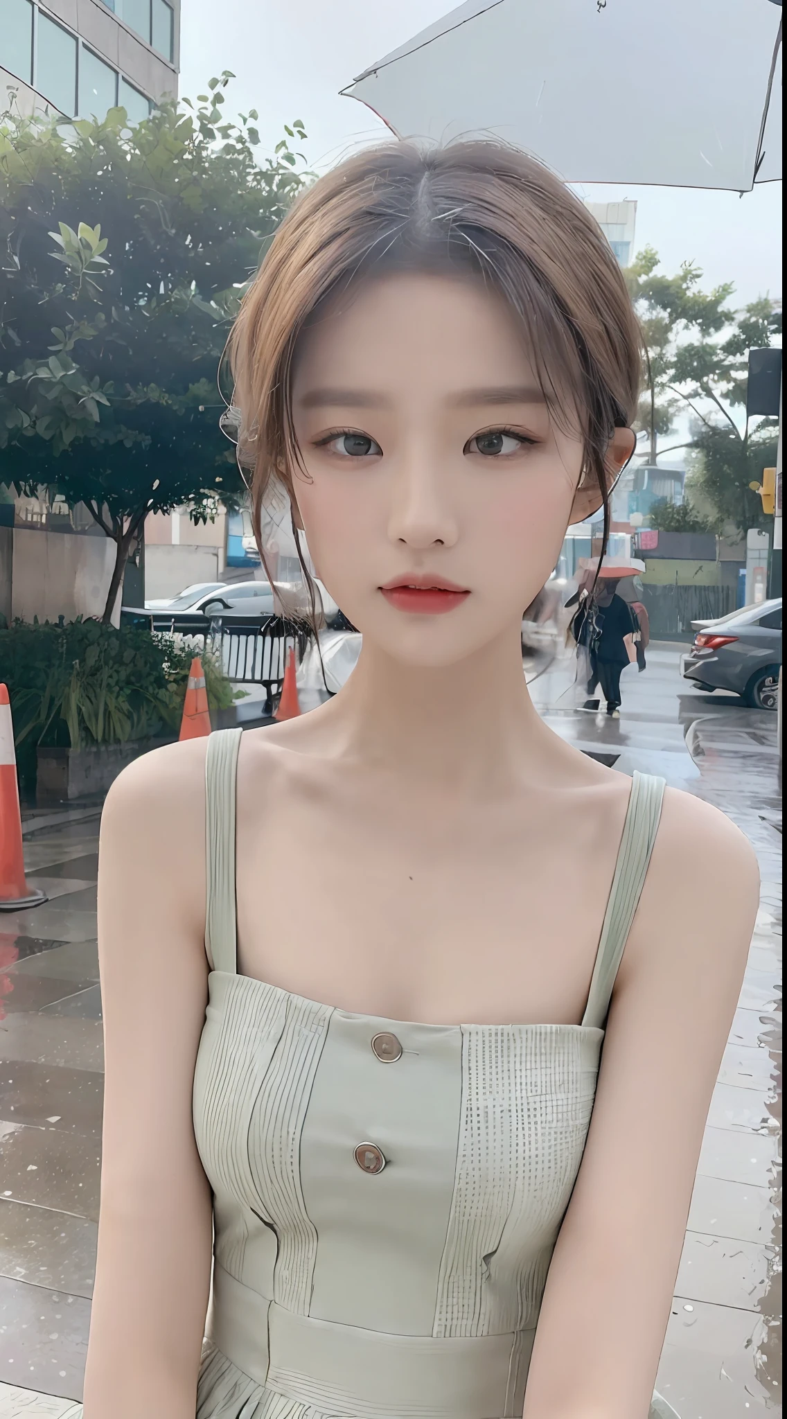 ((Best Quality, 8k, Masterpiece:1.3)), Focus:1.2, Perfect Body Beauty:1.4, (Rain, Street:1.3), Bandeau Dress:1.1, Highly detailed face and skin texture, Fine eyes, Double eyelids, Whitening skin, Short hair, (Shut up: 1.3),