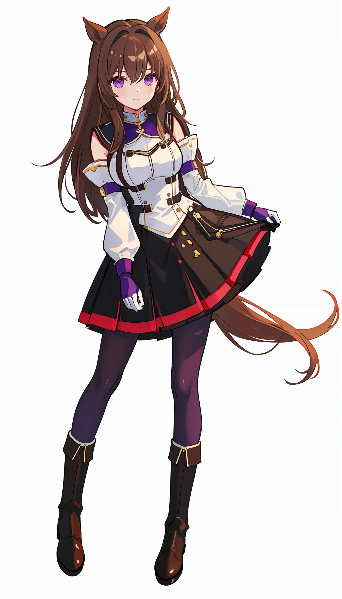 masterpiece, high quality, (white background), (full_body), (from head to foot)), boots, medium_breasts, expressionless, detached_sleeves, horse girl, horse ear, horse tail, light brown hair, cream hair, bangs between the eyes, purple eyes, gloves, tiles, laughing, cheek dyed