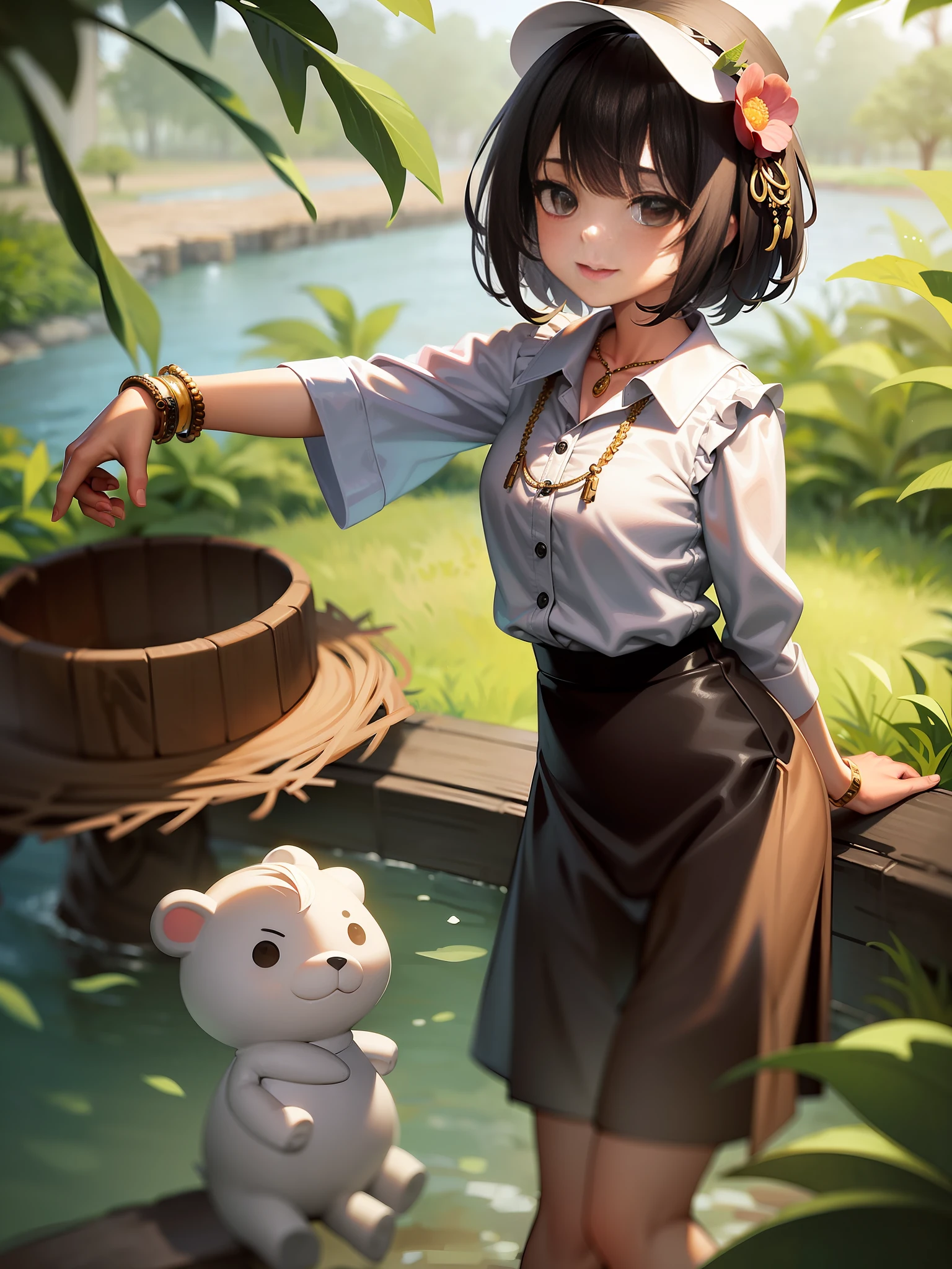 masterprice,1girl,photography,ultra high res,solo,moyou,{face},Rembrandt light,{short hair}, bracelet, bush, jungle, by river, flowers on head, day, lucency lips, lipstick, makeup, oversized white collared shirt, white vest inside, (navel:0.5), white shorts, necklace, solo, stuffed_animal, nijistyle, naughty expressions, cowboy shot, hands behind back, leaning_forward, light smile,
