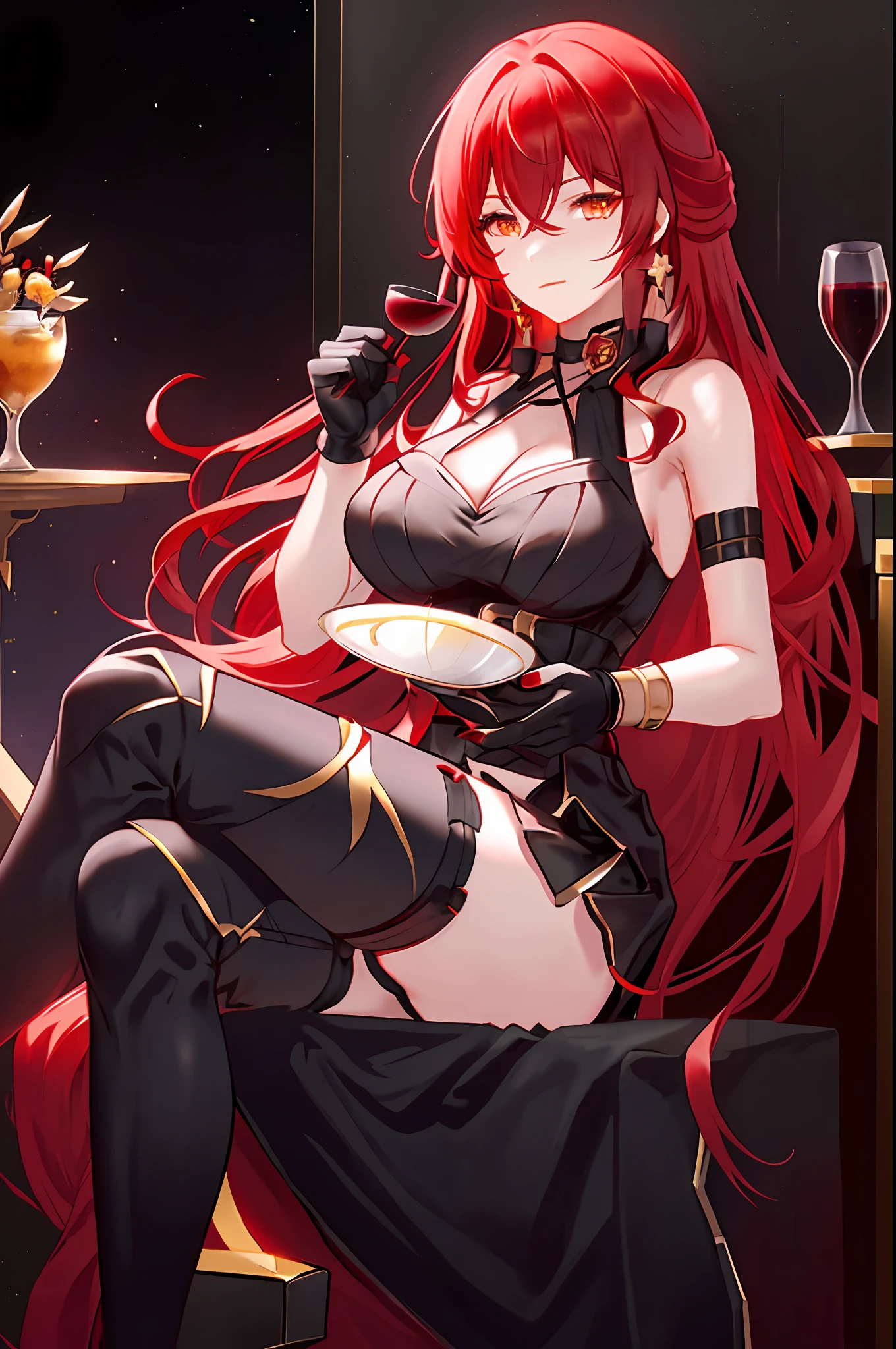 Himeko, honkai star rail, 1girl, alcohol, alternate costume, armlet, bare shoulders, black background, ((black dress)), black gloves, ((black thighhighs)), large breasts, cleavage, criss-cross halter, cup, dress, drinking glass, flower, gloves, gradient background, hair between eyes, hair ornament, halterneck, holding, holding cup, large breasts, long hair, looking at viewer, red hair, red nails, golden eyes, see-through gloves, solo, thighhighs, thighs, very long hair, wine, wine glass, ((masterpiece)) pleated red skirt, sitting,
