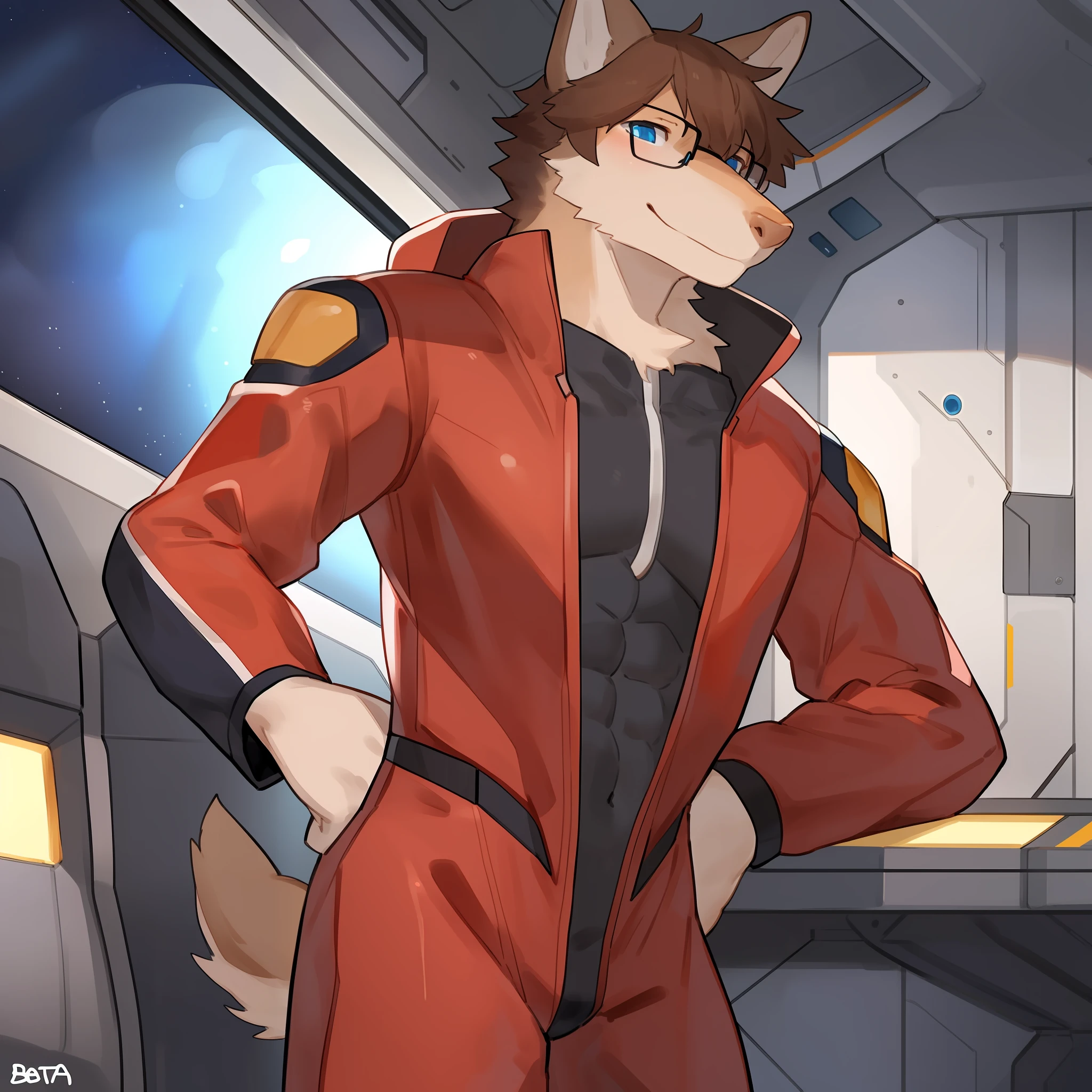 Solo, male, andromorph, cameltoe, tan fur, tan body, white fur, white accent fur, brown hair, short hair, messy hair, detailed hands, blue eyes, detailed eyes, rectangle glasses, red jumpsuit, red spacesuit, space, spaceship, window, abs, muscular, canine, (((snout, long snout, pointy snout))), by bebebebebe, by buta99, smiling