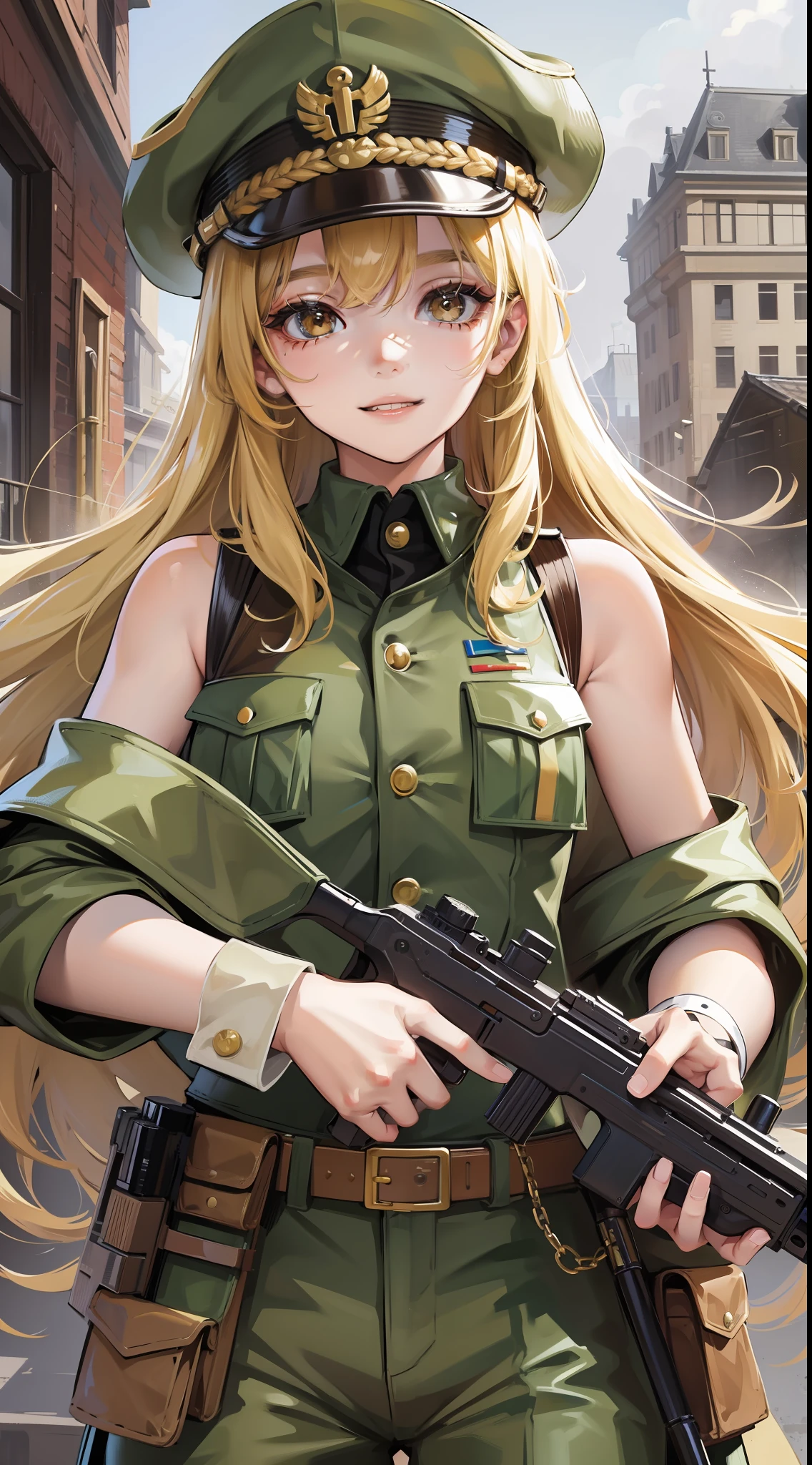 Young girl, long lush blonde hair, brown eyes, soldier's uniform, sleeveless, pants, gun, funny look, smile, masterpiece, high quality