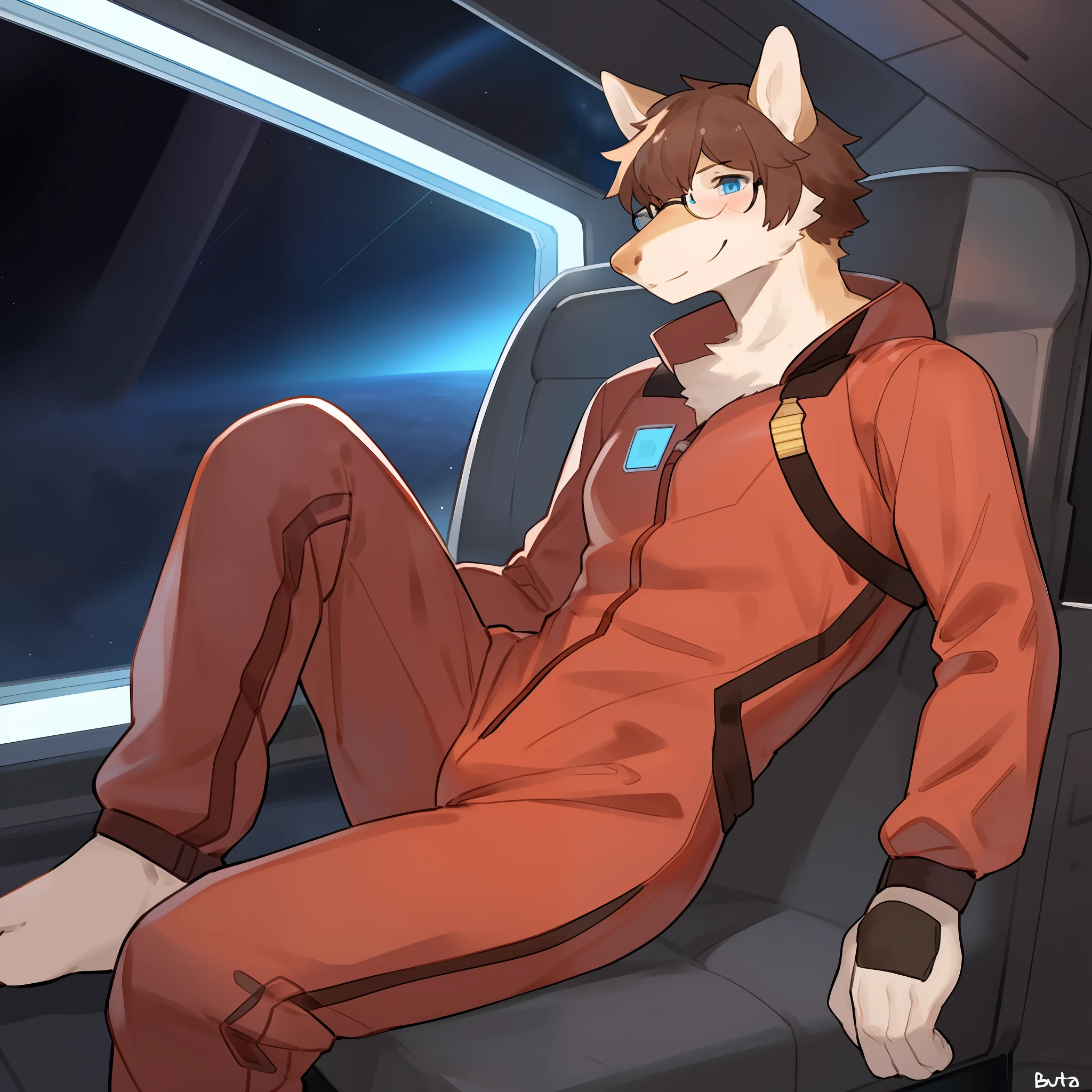 Solo, male, andromorph, cameltoe, tan fur, tan body, white fur, white accent fur, brown hair, short hair, messy hair, detailed hands, blue eyes, detailed eyes, rectangle glasses, red jumpsuit, red spacesuit, space, spaceship, window, abs, muscular, canine, (((snout, long snout, pointy snout))), by bebebebebe, by buta99, smiling