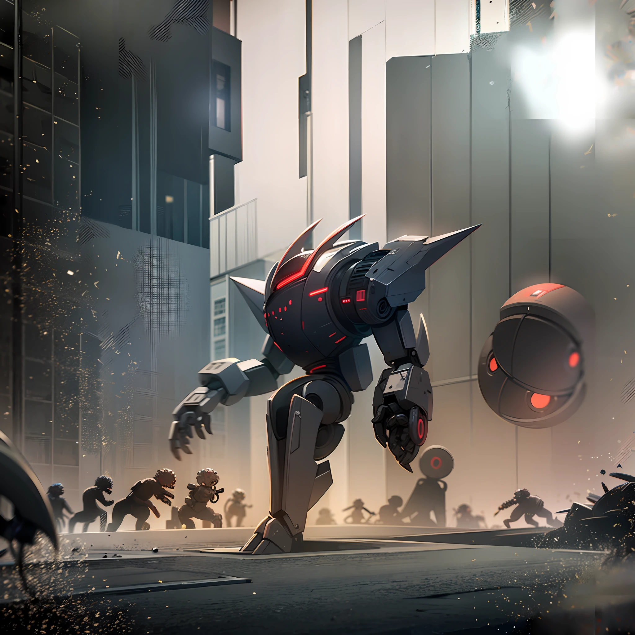 7 robot zombies attacking a building
