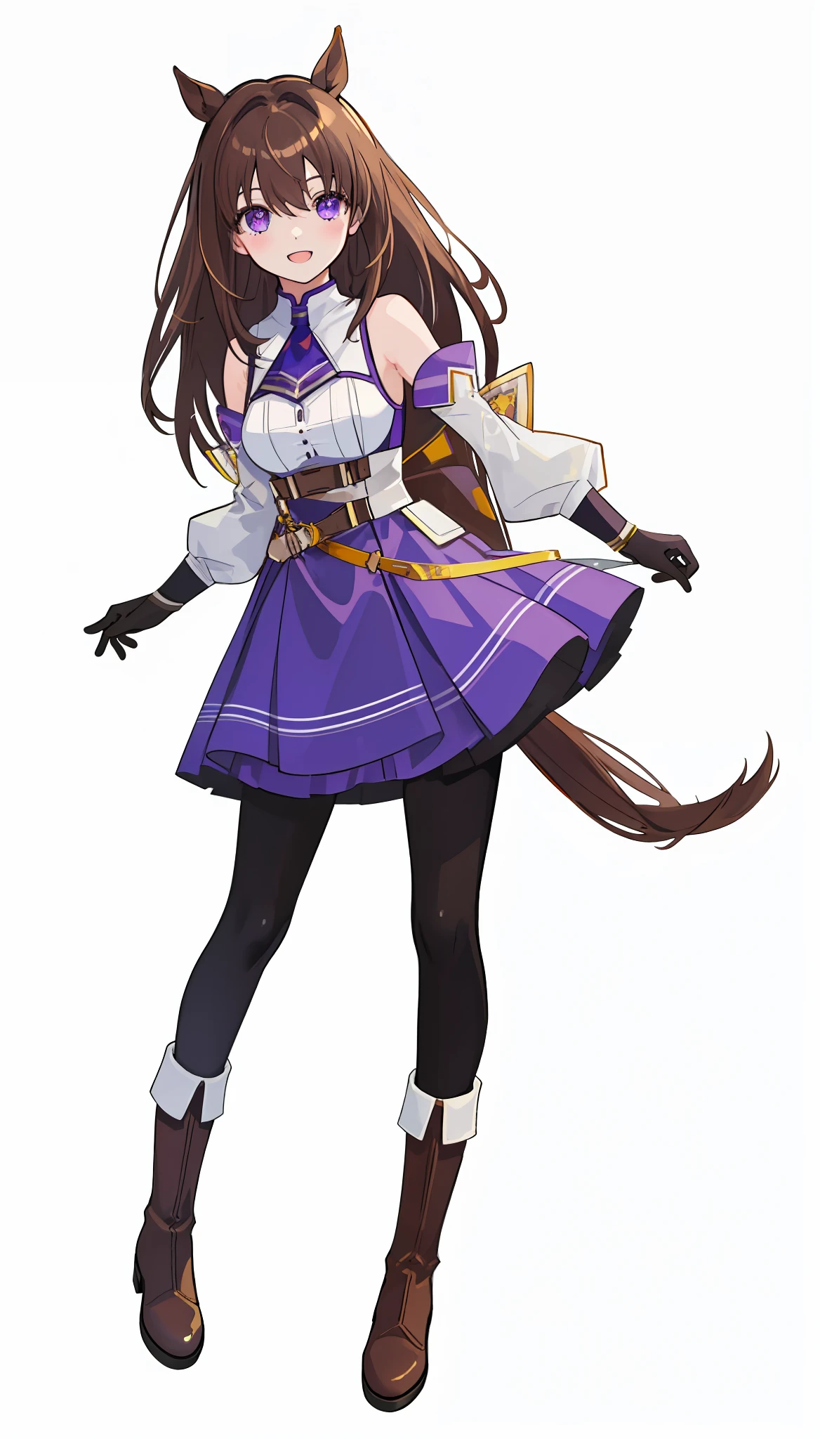 masterpiece, high quality, (white background), (full_body), (from head to foot)), boots, medium_breasts, expressionless, detached_sleeves, horse girl, horse ear, horse tail, light brown hair, cream hair, bangs between the eyes, purple eyes, gloves, tiles, , laughing, cheek dyed