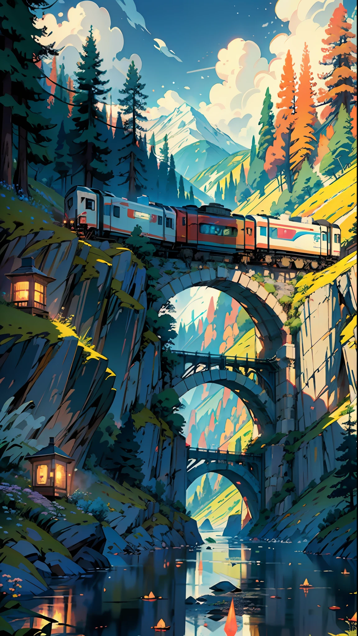 Train in motion, bridge, in the mountains, forest, lake, cozy city, happiness, retro, full color, multicolored, artificial, top detail, super quality, fine details, highlights, neon lights, masterpiece