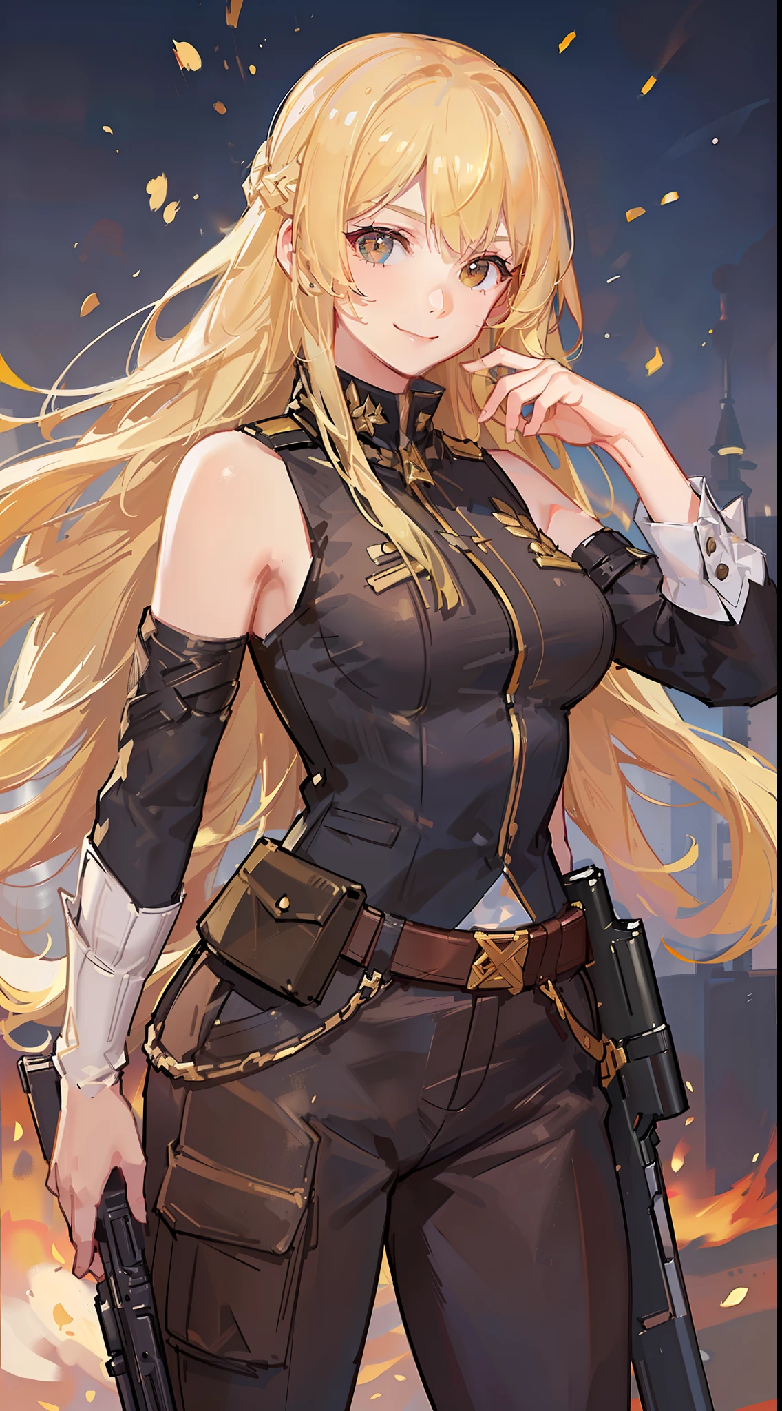 Young girl, long lush blonde hair, brown eyes, soldier's uniform, sleeveless, pants, gun, funny look, smile, masterpiece, high quality