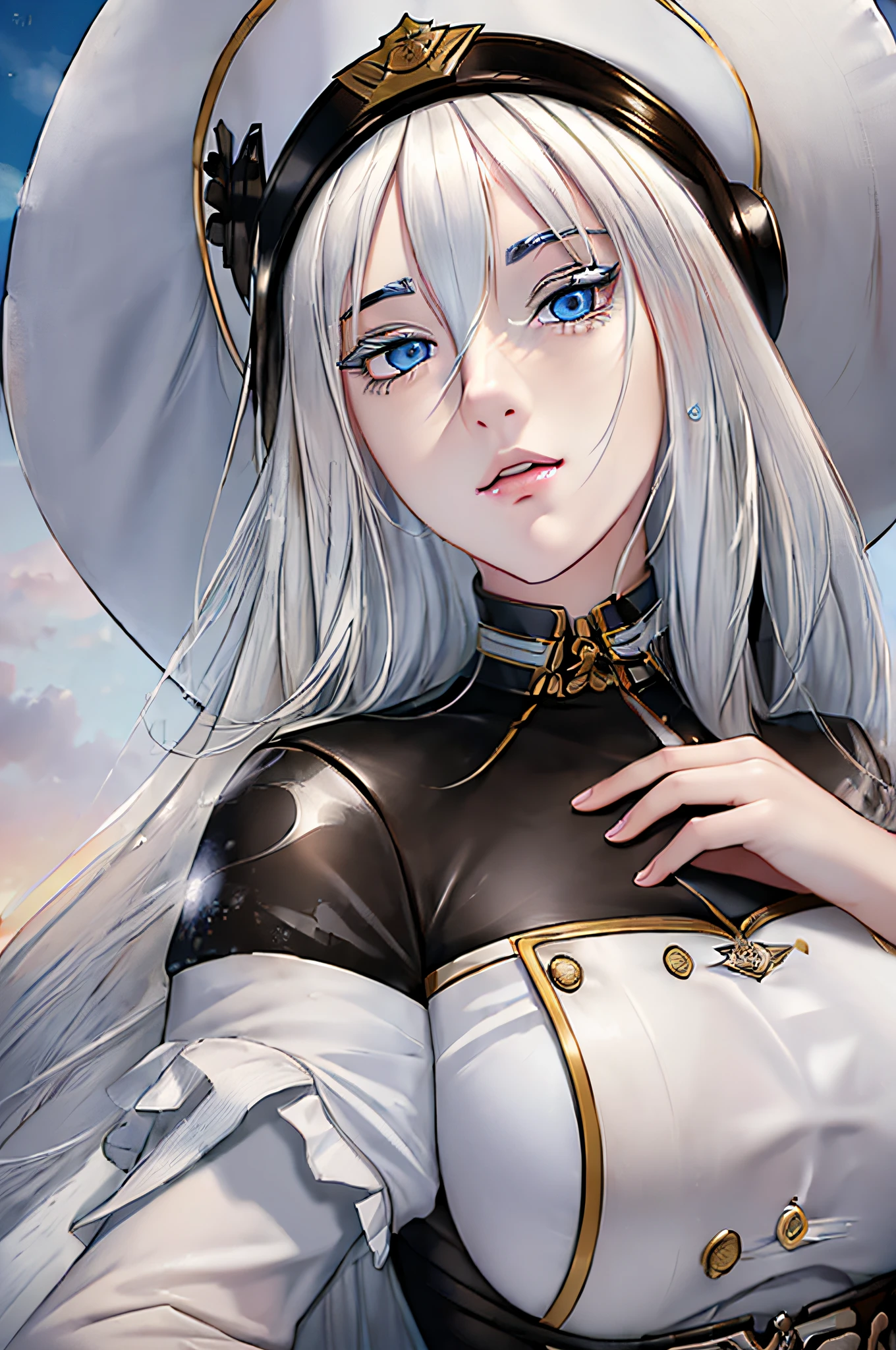 (((SFW))), (((masterpiece))), (((best quality))), ((ultra-detailed)), (hyperrealistic), (highly detailed CG illustration), cinematic light, photorealistic ,1girl, white hair, sovetsky soyuz \(azur lane\), hat