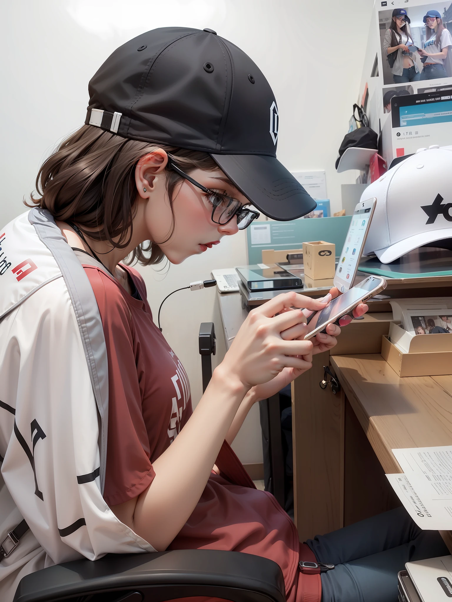 Girl with baseball cap; Play with mobile phones; glasses with black frames;