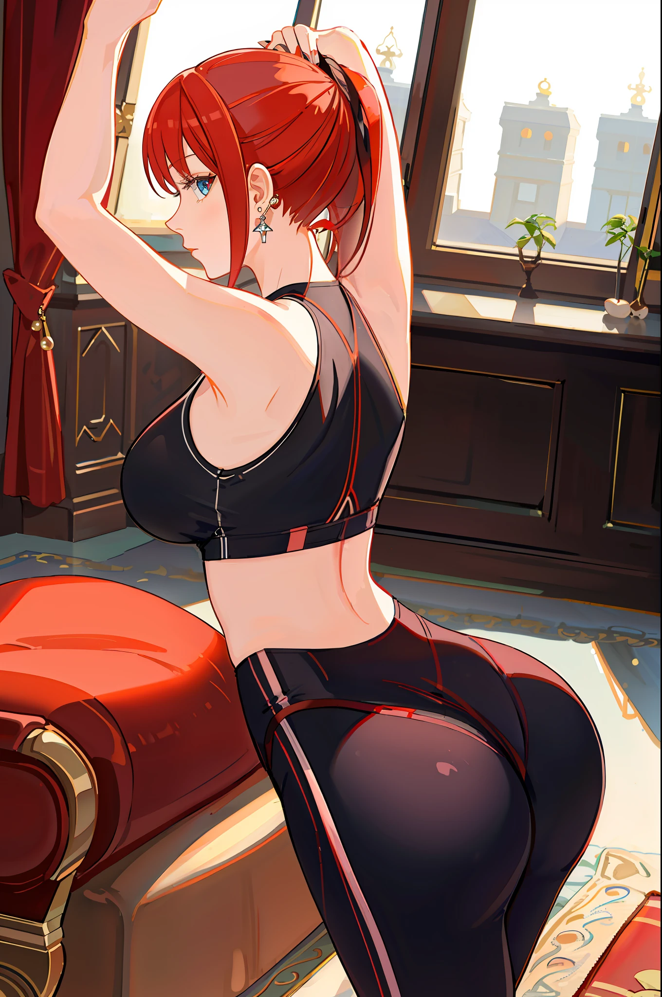 masterpiece,bestquality,HIGHLY DETAILED,distant view,living room,French window,Yoga mat,1girl,red hair,ponytail hairstyle,beautiful eyes,Long yoga pants,Yoga vest,earrings,