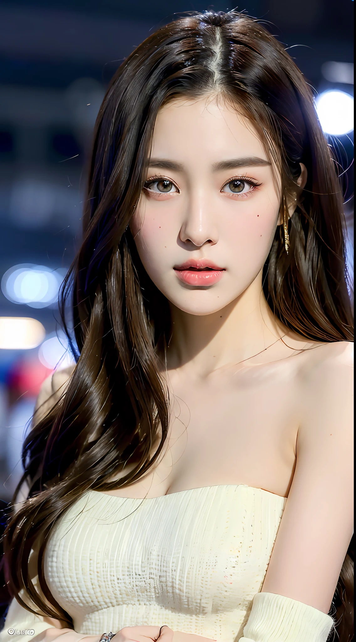((Best Quality, 8k, Masterpiece: 1.3)), 1 girl, perfect and exquisite facial features, Full body photo, full of seduction, snow-white skin, slim face, beautiful woman, snow-white long legs, (dark brown hair), no suspender top, (breasts: 0.5), JK,, plaid skirt, (????: 1.3), ultra-detailed face, detailed eyes, double eyelids, blurred background, slim face, shopping mall, shopping, panorama,