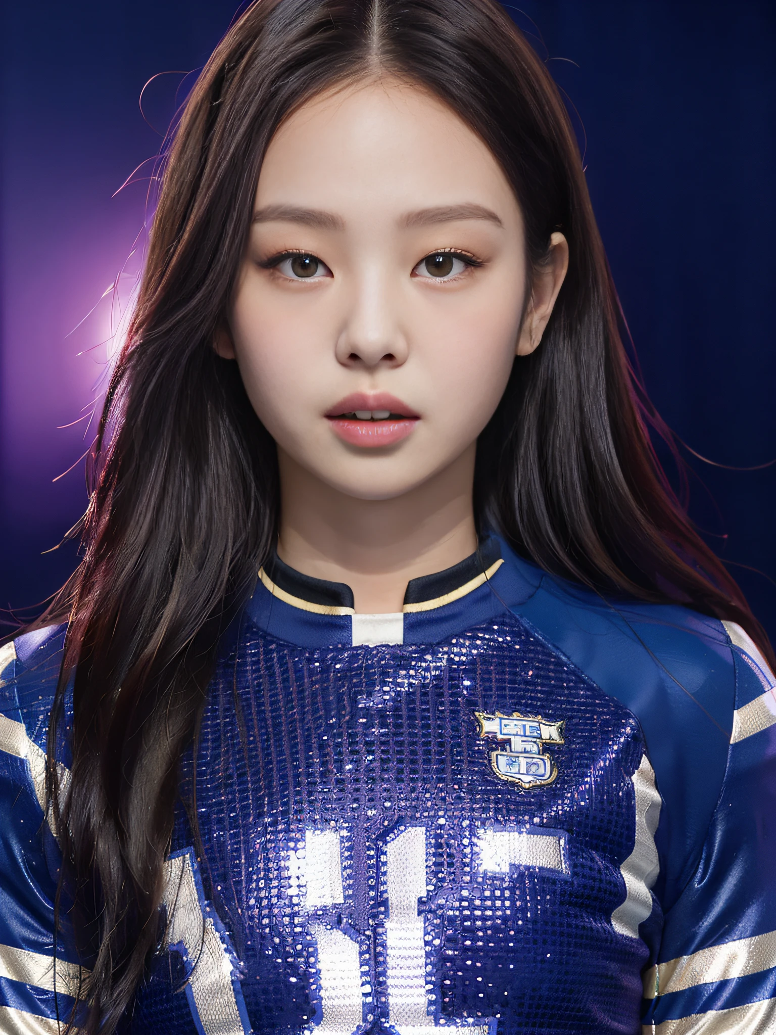 Masterpiece, superlative, realistic, Jennie wearing trendy football uniform, HD, photography and lighting, 16k