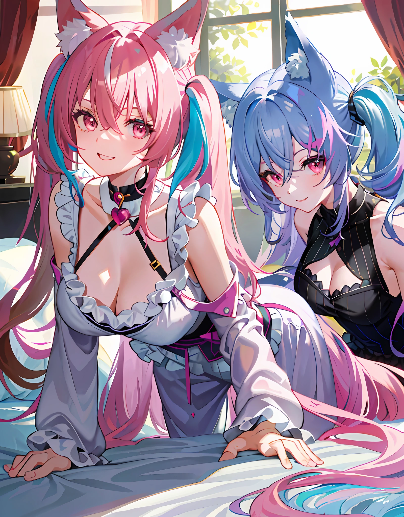 Dynamic Angle, 8k, Thick Paint 5, Movie Scene, Perfect Anatomy, Detailed Face, Ultra Detailed Eyes, Upper Body, 2 Girls, Smile, Wolf Ears, Wolf Tail, Pink Eyes, Hair Between Eyes, Striped Hair, Striped Hair, (((Colorful Hair Color: 1)))), (Random Hair Color: 1))), Colorful Hairstyle: 2, ((Perfect Fingers, Perfect 5 Fingers)))), D Cup, Cleavage, Upper body, 1 girl, smile, wolf ears, wolf tail, pink eyes, hair between eyes, striped hair, variegated hair color: 5, jewels at the ends of the hair, twin tails, (in thin pajamas with fluttering chest: 15), cute embroidered pajamas, AI super luxurious bedroom and cute interior: 5, (on bed: 15) on all fours, looking at the viewer embarrassedly and laughing, Turning around from behind, blushing, morning sun shining through the window,