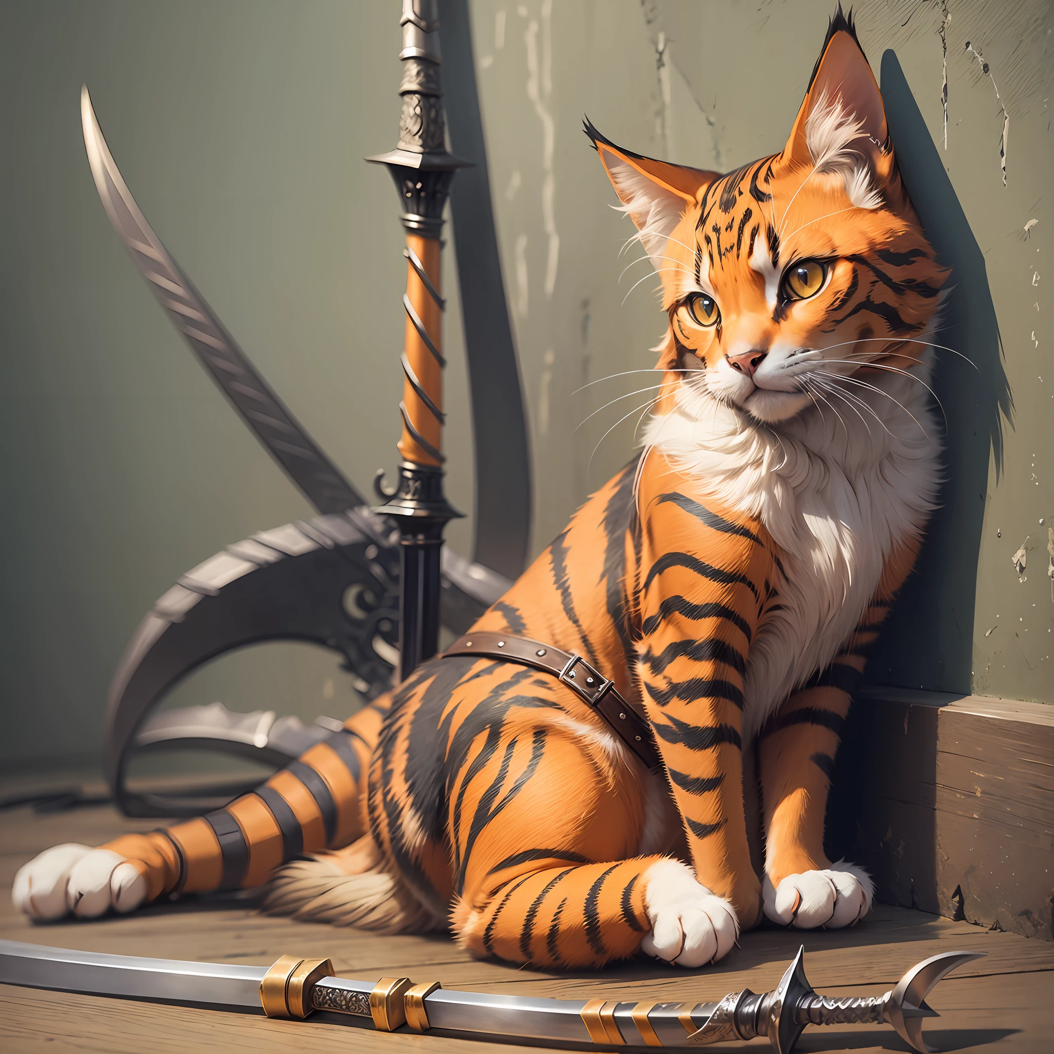 collection of swords and daggers with cat sitting in front of wall. close up. fantasy, hyper real fur. orange cat --auto --s2