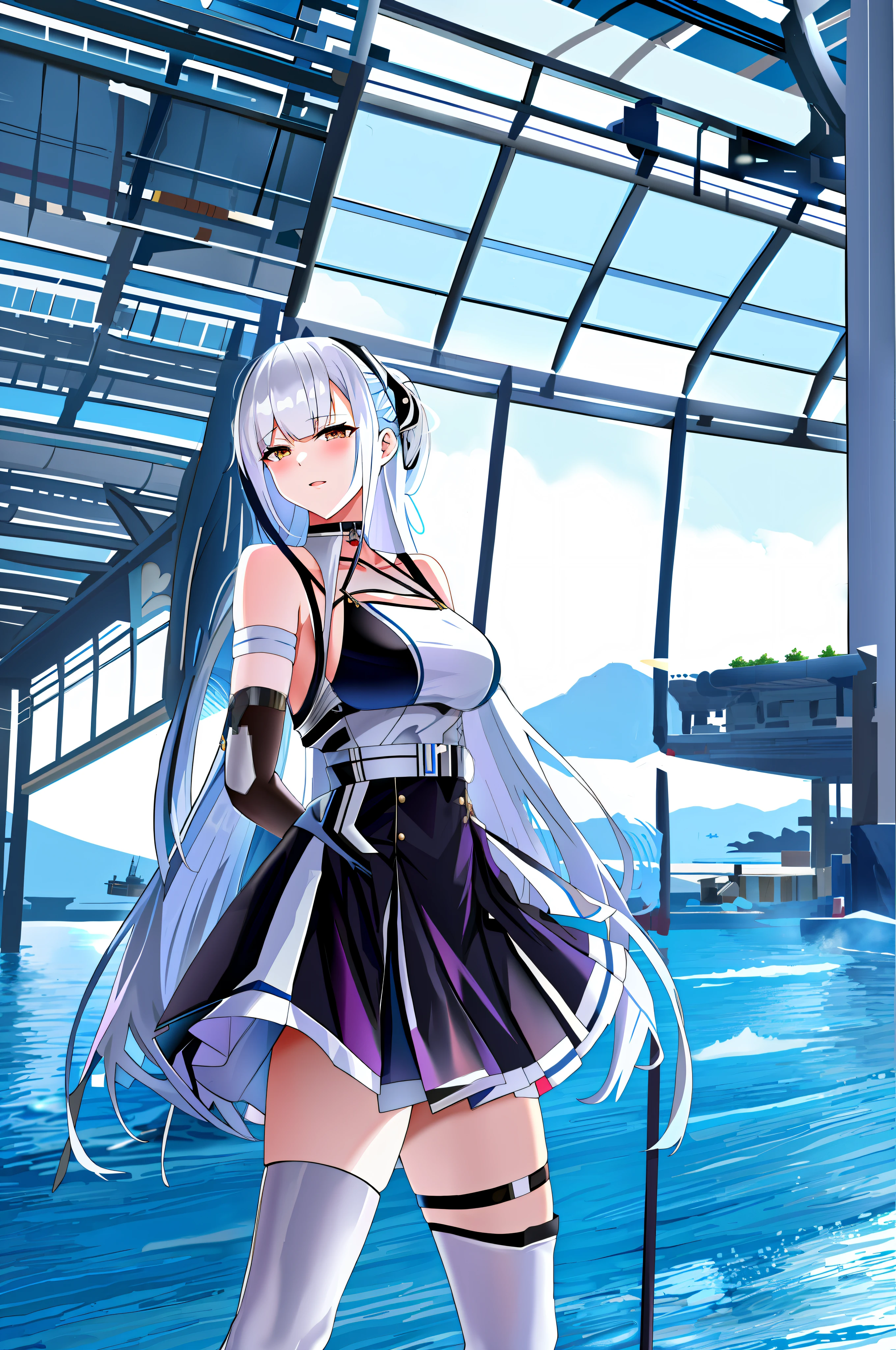 anime girl in a short skirt and knee high boots standing in front of a body of water, azur lane style, from the azur lane videogame, kantai collection style, characters from azur lane, best anime 4k konachan wallpaper, anime style 4 k, smooth anime cg art, cute anime waifu in a nice dress, from girls frontline