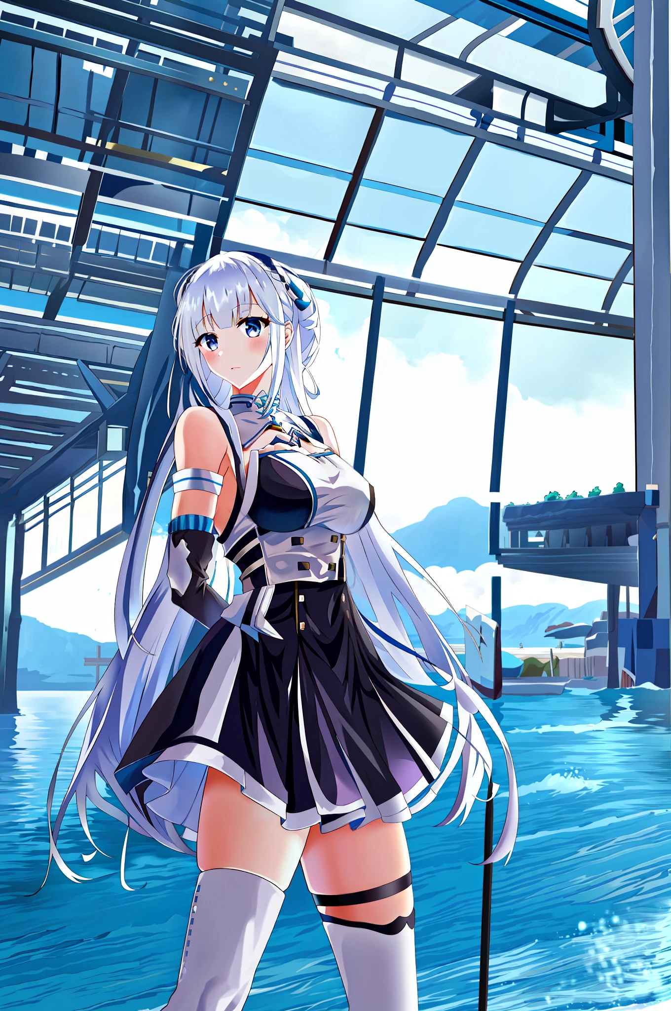 anime girl in a short skirt and knee high boots standing in front of a body of water, azur lane style, from the azur lane videogame, kantai collection style, characters from azur lane, best anime 4k konachan wallpaper, anime style 4 k, smooth anime cg art, cute anime waifu in a nice dress, from girls frontline
