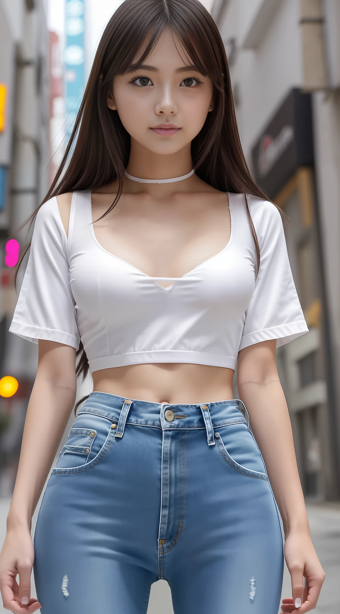 Girl taking photo in white bra and tight denim, arms behind back, full body, cropped t-shirt, bra, slim figure, small bust, slim girl model, 24 year old female model, cute, Japan person, patchy eyes, very fair skin, little smile, long black hair, face similar to Mai Shiraishi, heavy makeup, pretty big eyes, realistic depiction, slightly narrow eyebrows, clear eyes, background in the city