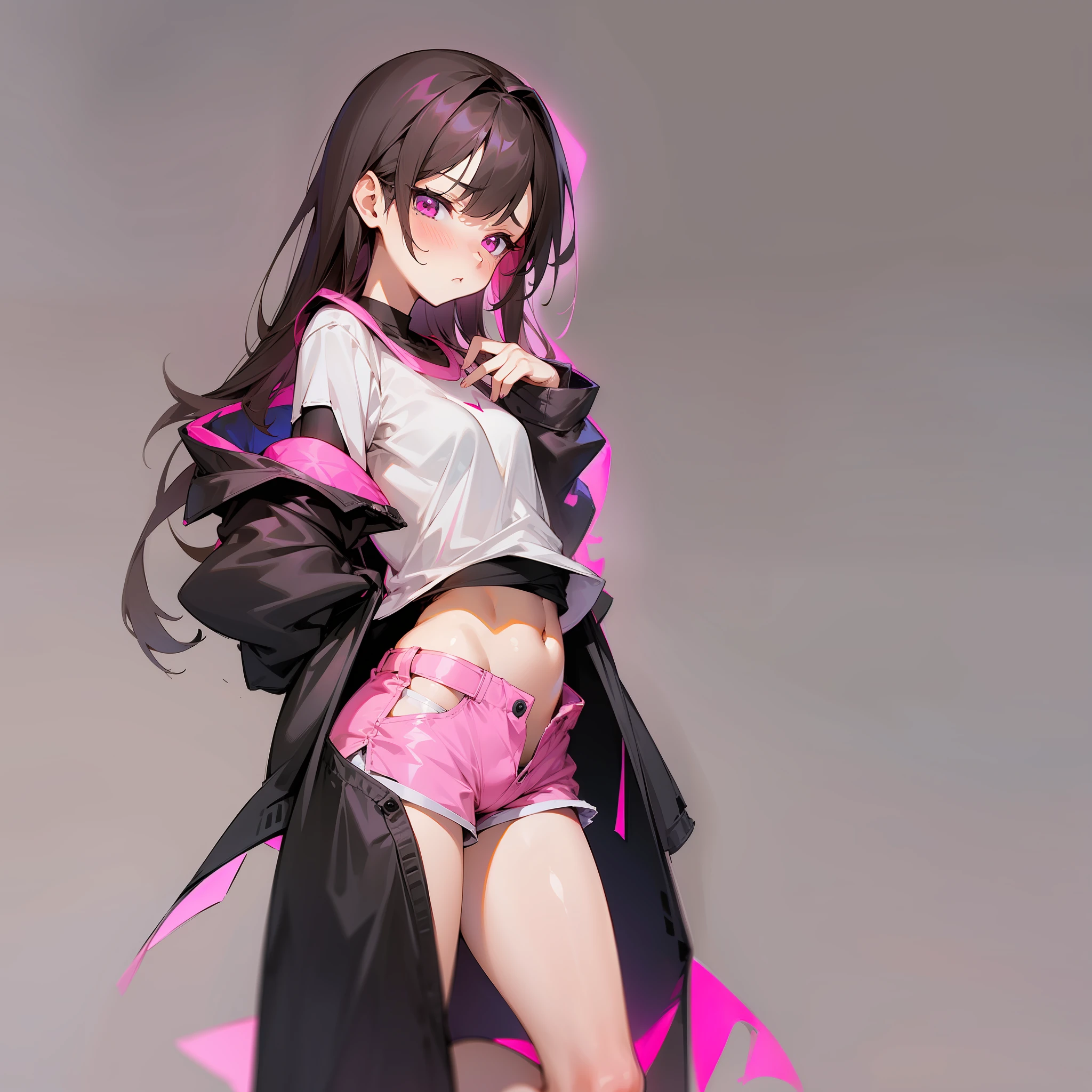 (Pure simplicity, sexy style, gray background, brunette girl, pink eyes, underwear, shorts, vista, tsundere expression)