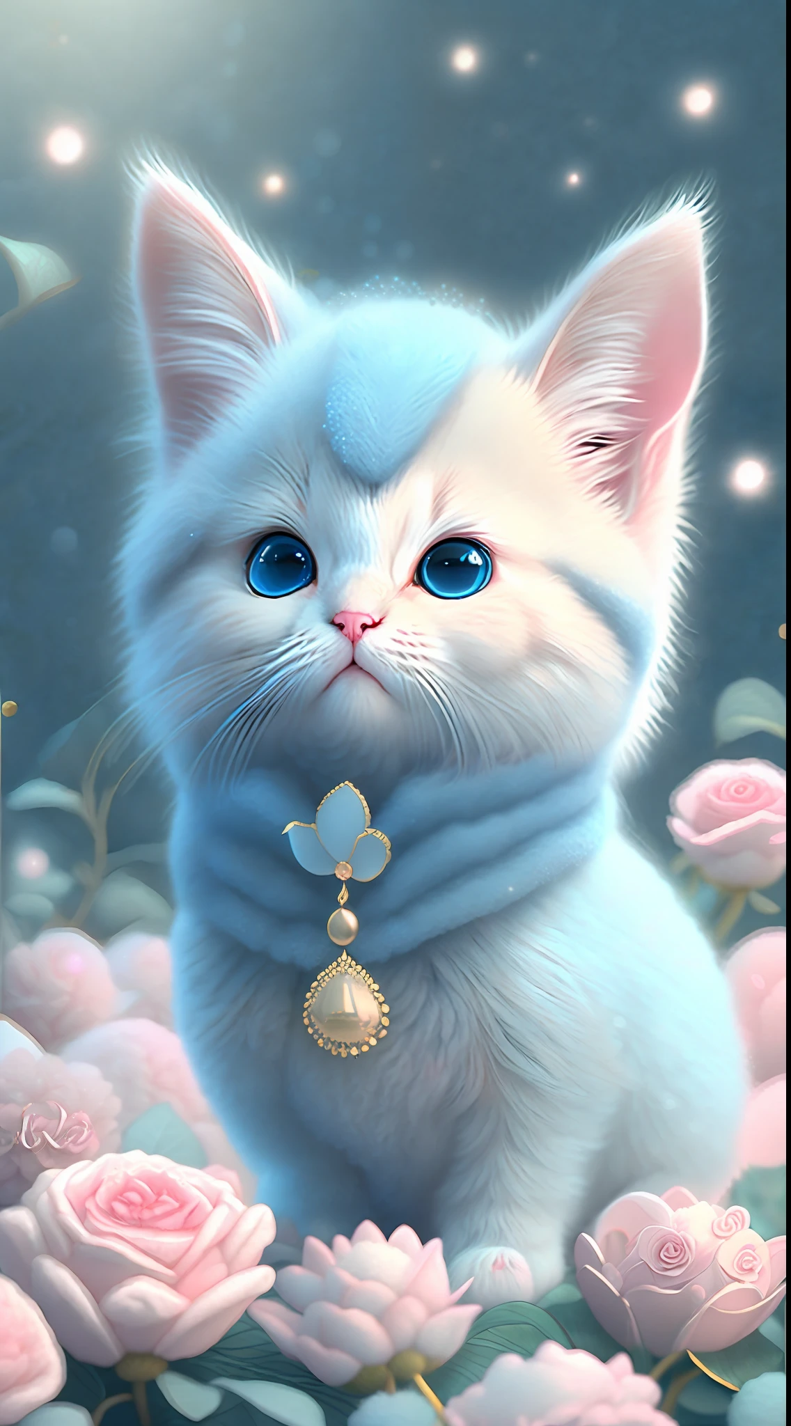 In this ultra-detailed CG art, cute kittens surrounded by ethereal roses, laughter, best quality, high resolution, intricate details, fantasy, cute animals, left, funny, left!! Mouth!!! Laugh!!!