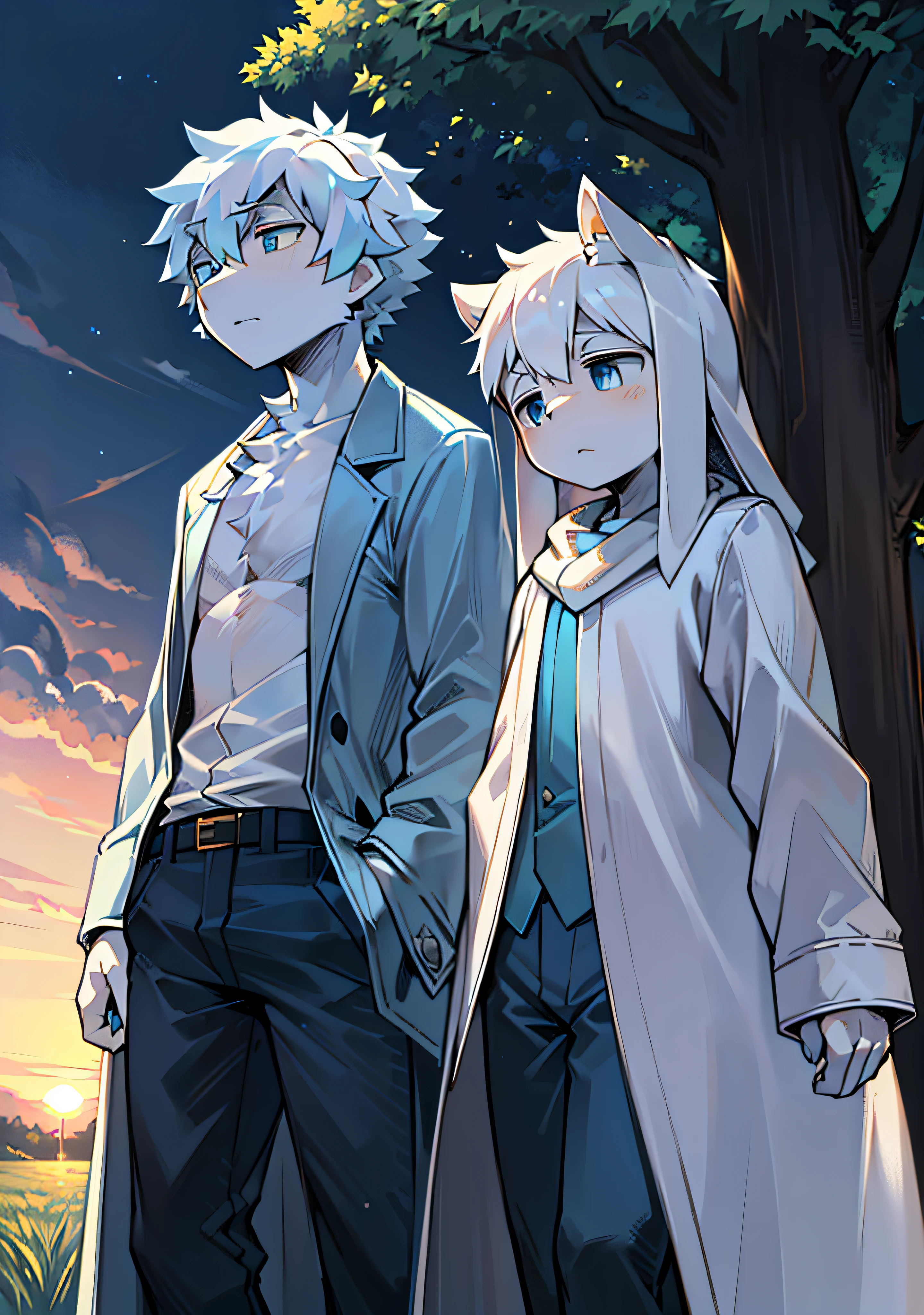 Male, hairy, long ears but not enough shoulders, white body skin, small horns, under the tree, sunset, light blue trench coat, pure white inch shirt, white dust floating around, yellow grass, black light blue trousers, no mouth, blue eyes, indifferent expression, double