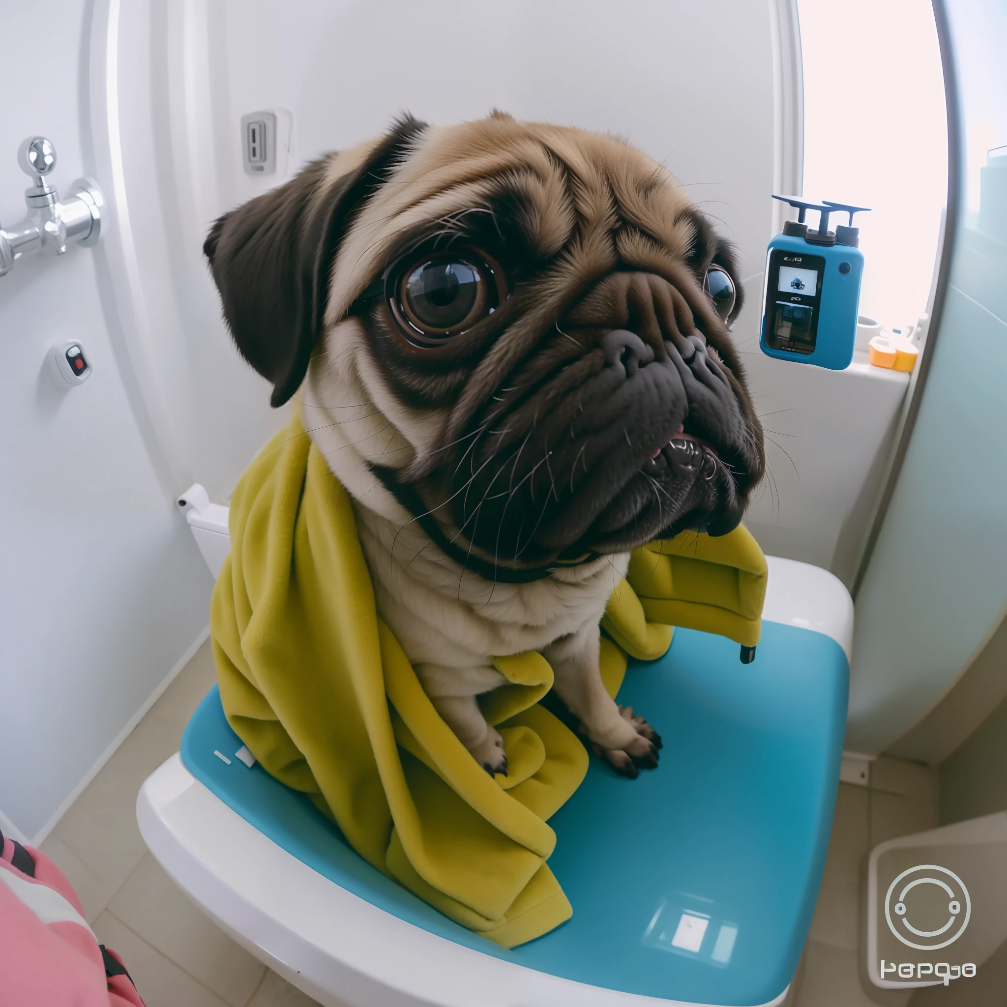 (Seated Pug), (GoPro Hero 8+GoPro 9+9.8mm Wide Angle Lens), (Looking Directly at Camera + Looking at Camera), (Furry), (Warm), (Blue: 1.2), (Bathroom: 1.2)