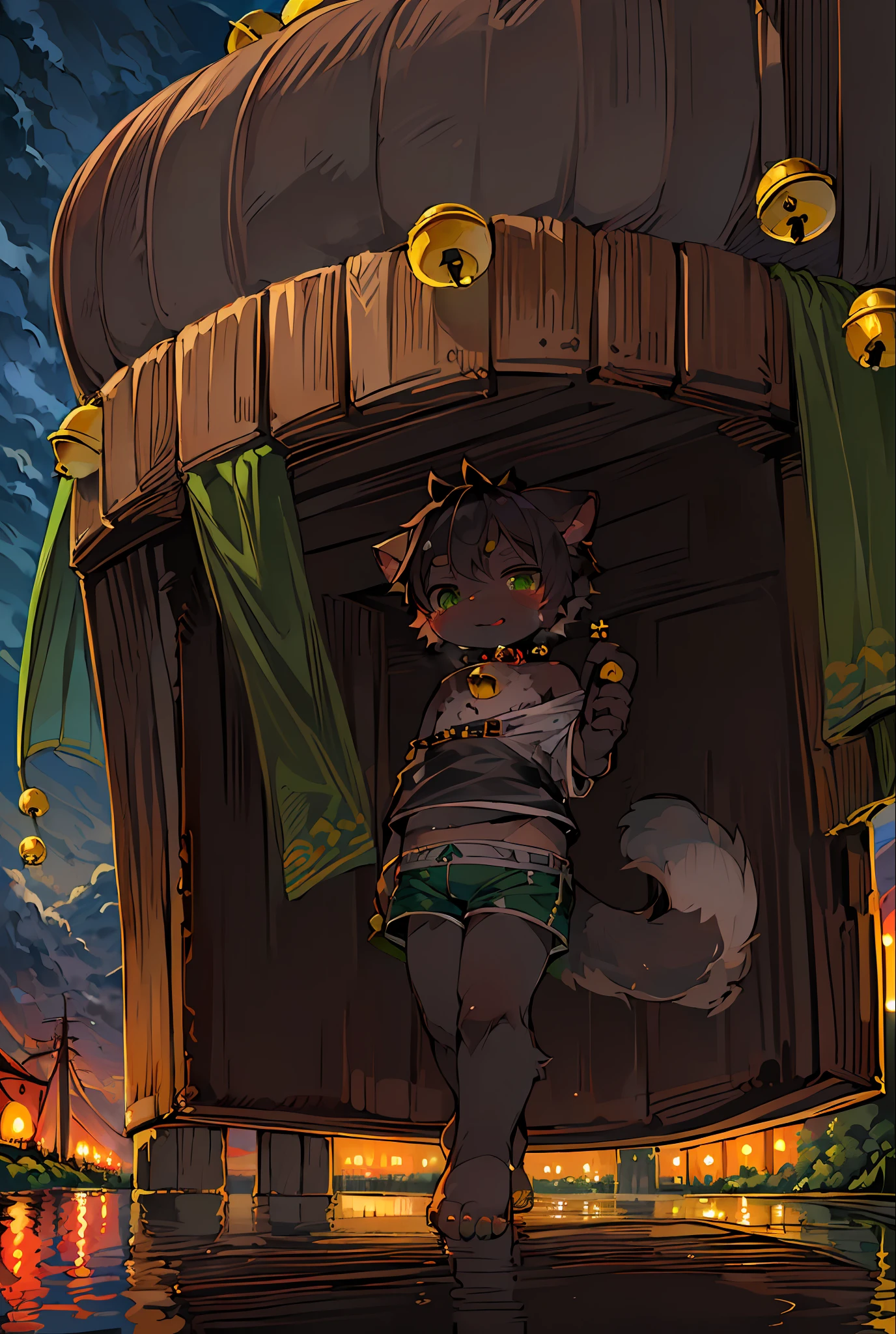Masterpiece, high quality, absurd resolution, digital painting \ (artwork \), by dagasi, yupa, kiyosan, (fluffy fur, black colored fur, full body fur,). Boy, green eyes, green flesh pad, black hair, shorts, bare feet, bright eyes, panorama, character focus. Detailed background, (bells, pet collars, loose clothes: 1.2)