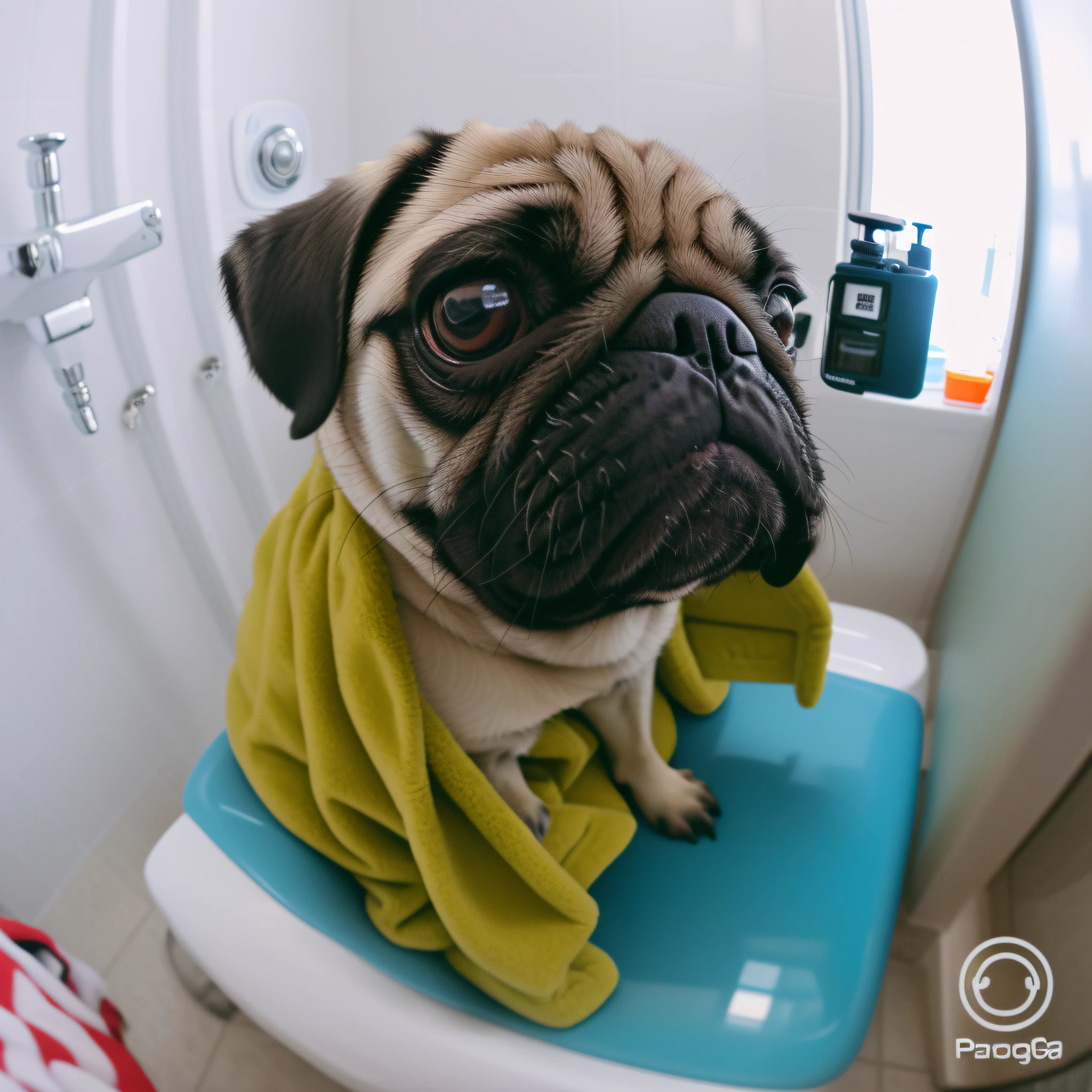 (Seated Pug), (GoPro Hero 8+GoPro 9+9.8mm Wide Angle Lens), (Looking Directly at Camera + Looking at Camera), (Furry), (Warm), (Blue: 1.2), (Bathroom: 1.2)
