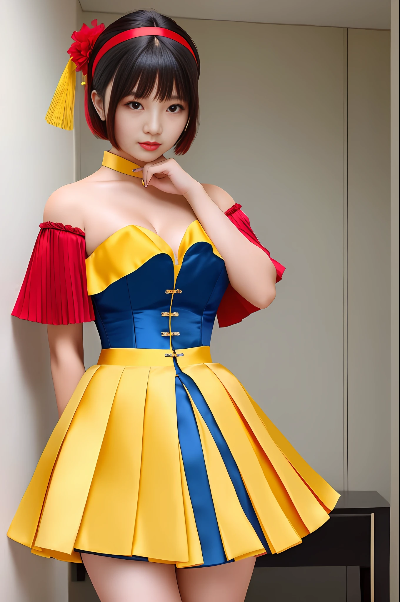 Beautiful Chinese model, 1girl, female, wearing (yellow pleated skater skirt, blue silk corset, red shoulder slash sleeves, hair: (short, bob, headband (red)), cleavage large breasts