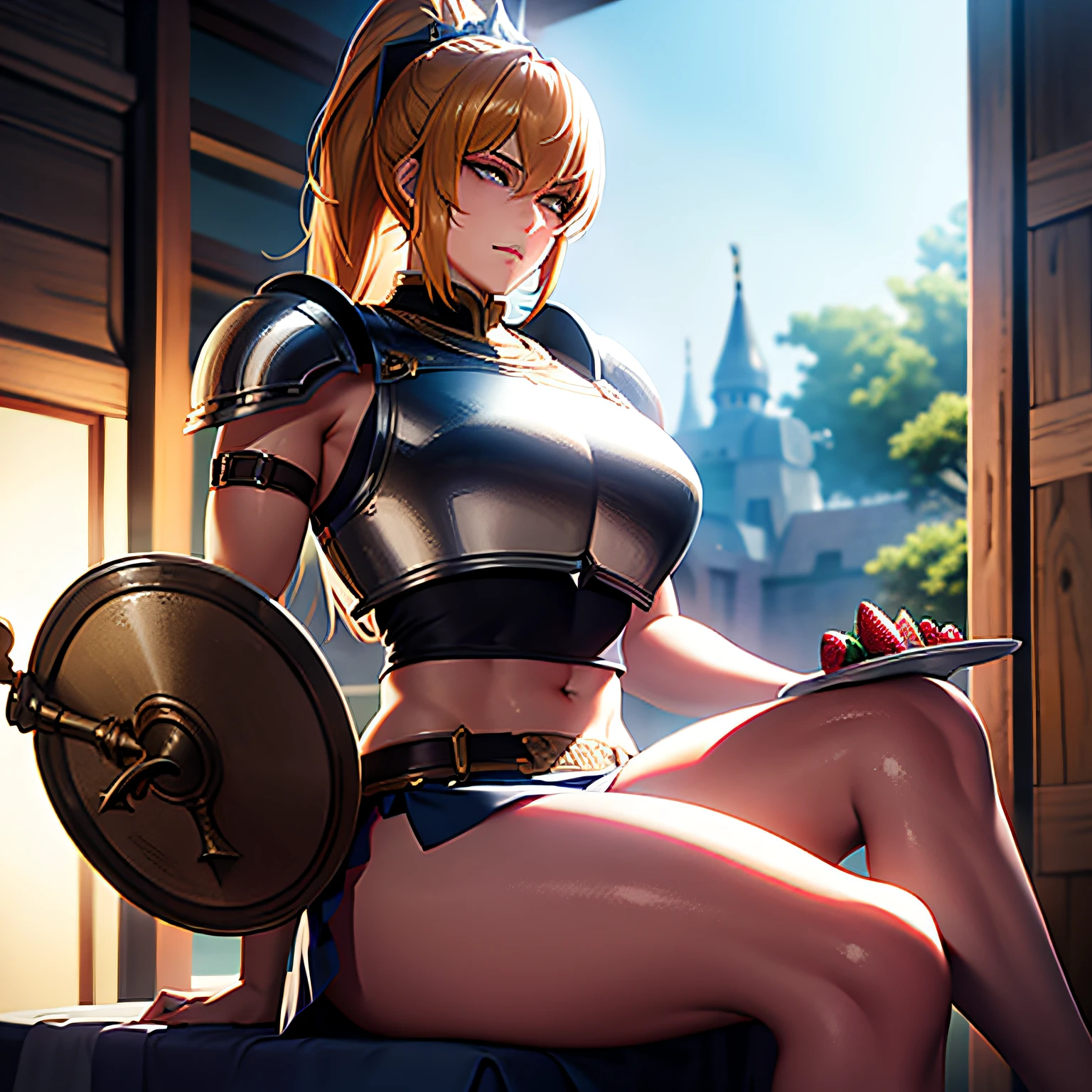 solo focus, a muscular female paladin with a short strawberry blonde ponytail loses a dual, plate mail, exposed midriff, armored skirt, sword and shield, sitting down, bedroom eyes, imminent
