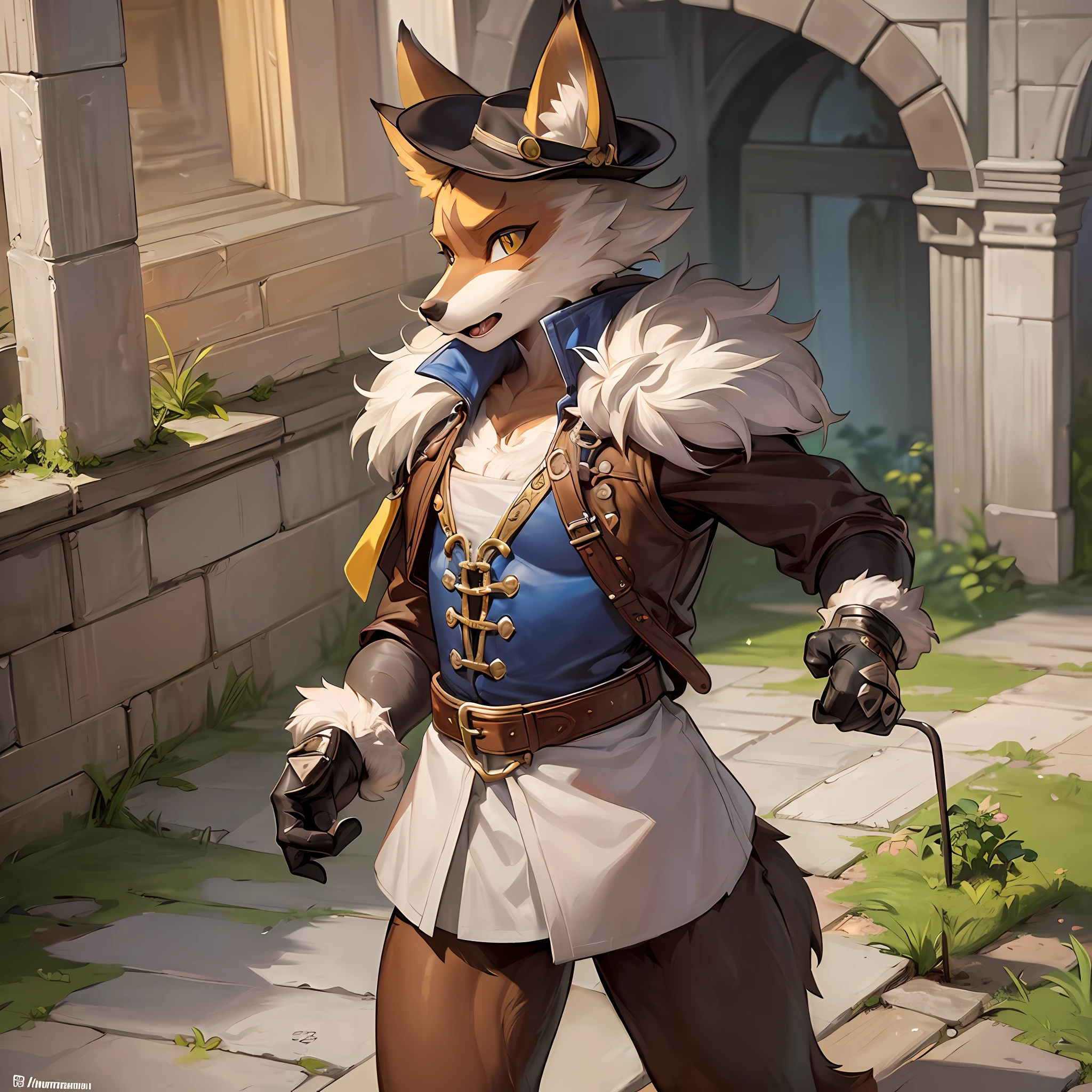 top quality, best quality, High-quality illustrations by Michelangelo, by Johannes Vermeer, masterpiece, super high resolution, detailed background, Old Ruins, Dungeons, Indiana Jones series(highly detailed beautiful face and eyes)absurdres, perfect anatomy(handsome 1boy, kemono, solo focus, Adventurer, Archaeologist)(furry)(furry anthro:1.7)(Furry body, fox facial features, fox body features)(very detailed body fur)full body, Dirty Coat and Hat,