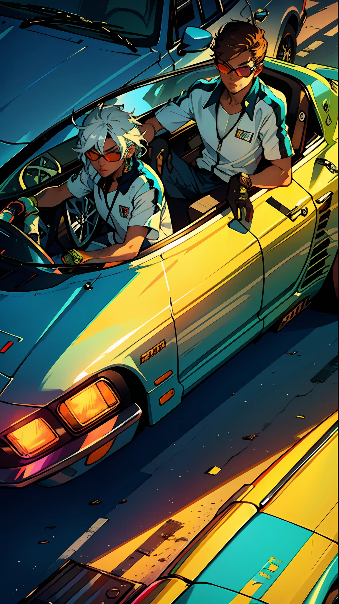 Sports Car, cool, retro, full color, multicolor, artful, top detail, super quality, fine details, highlights, neon lights, cannabis, marijuana,smoke