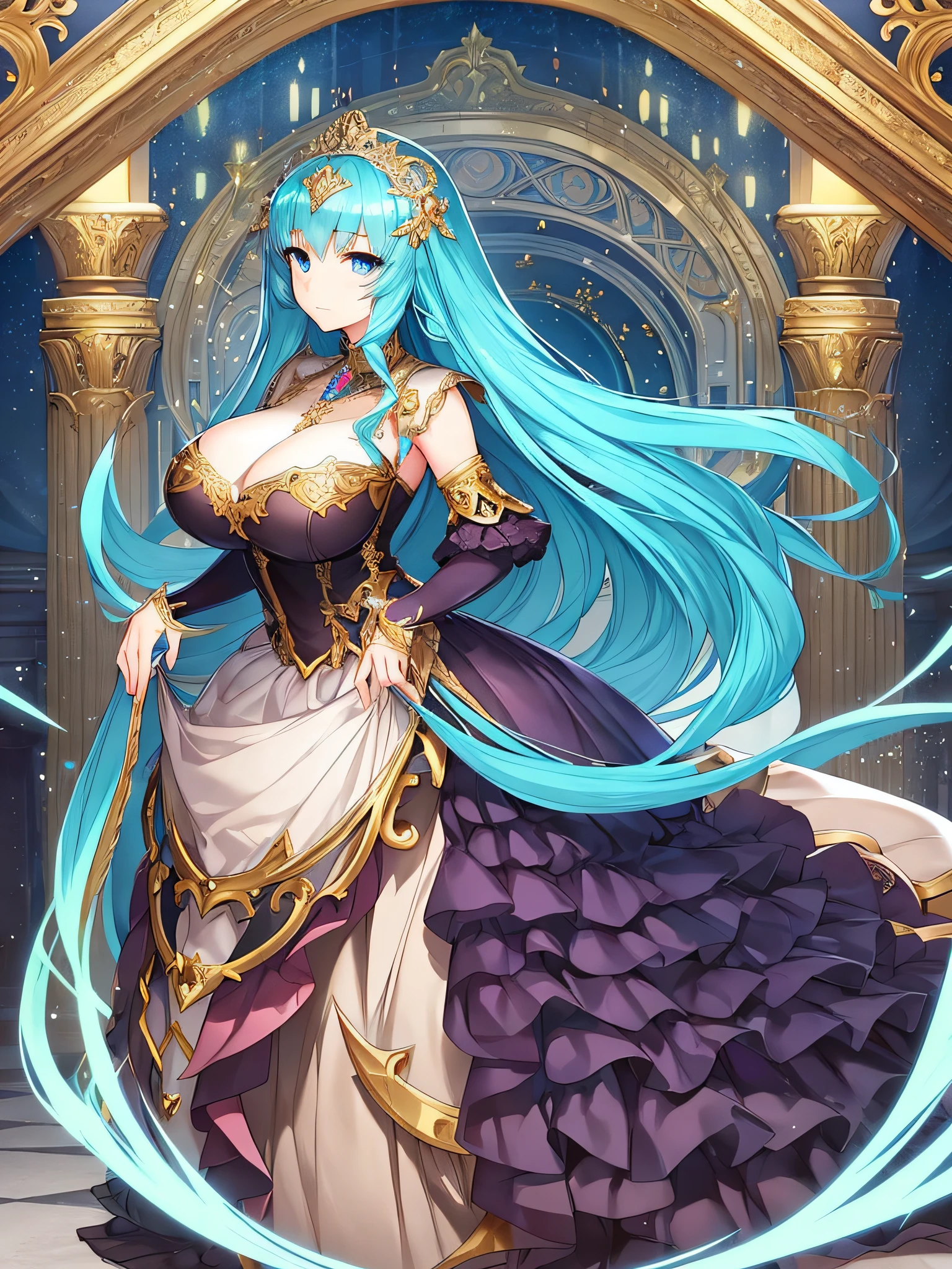 ((anime moe artstyle)),((game CG)),(Masterpiece),(Best Quality), (Super Detail),Illustration,(((Very Delicate and Beautiful))),Focus on character,Dynamic Angle,Looking at viewer,(((Solo))),((Full body)),(((1 fantasy princess in ball gown with a voluminous skirt))),detailed face and eyes,jewel-like eyes,(Very Long Hair),gorgeous embroidery and lace,See-through,ornate ruffles,(gigantic breasts,Long breasts),(jeweled gorgeous ball gown with a voluminous skirt),