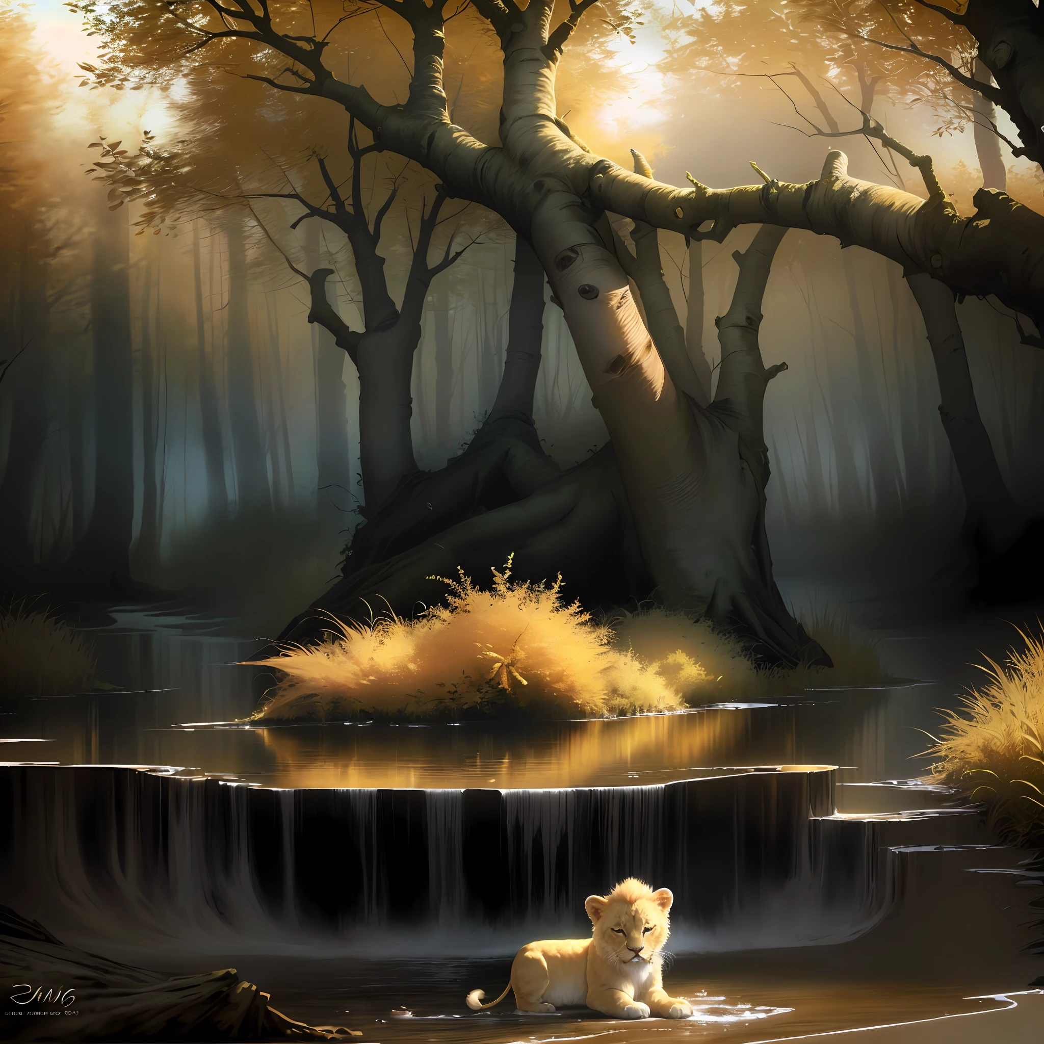 lion cub ((albino)) very cute, baby lion cub with big and bright eyes, realistic hair in high definition, cute little lion, best quality, wallpaper 4k, matte digital painting 4k hd, swamp landscape, mystical forest