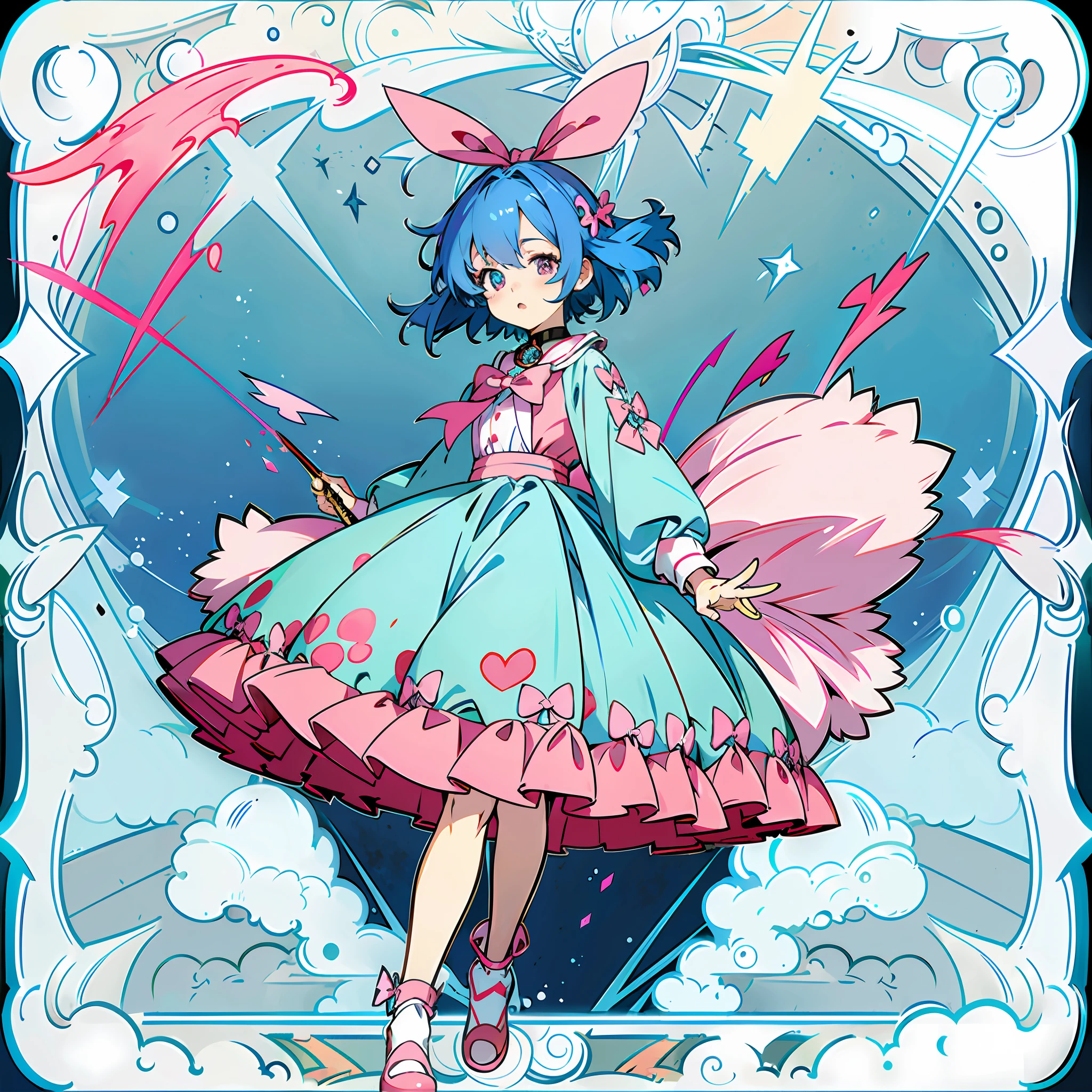 Anime girl with blue hair with pink pick dye and bow collar dress, 2D anime style, anime moe art style, anime style. 8k, 2 d, full body drawing, anime style, one eye blue, one eye purple, different pupils