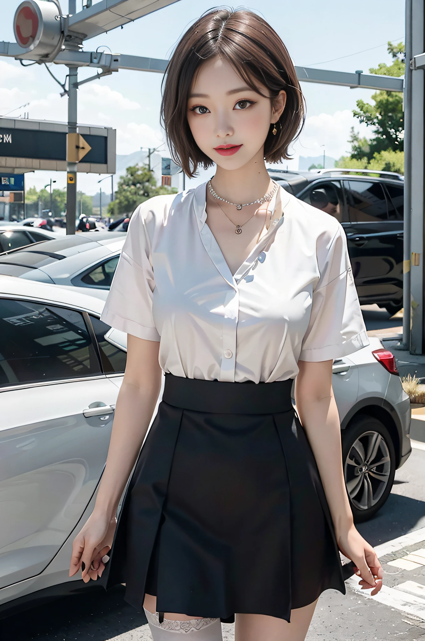 8K RAW Photos, High Resolution, 37 Year Old Slender Korean, Big Round Breasts, Formal Shirt, Formal Skirt, Very Thin Mouth, Duck Mouth, Grinning,, Beautiful Eyes in Detail, Long Eyes, Sanpaku Eyes, Cheeks, Long Eyelashes, Beautiful Double Eyelids, Eye Shadow, Beautiful Thin Legs, Stockings, Necklace, Earrings, Short Hair, In Front of the Station at Night