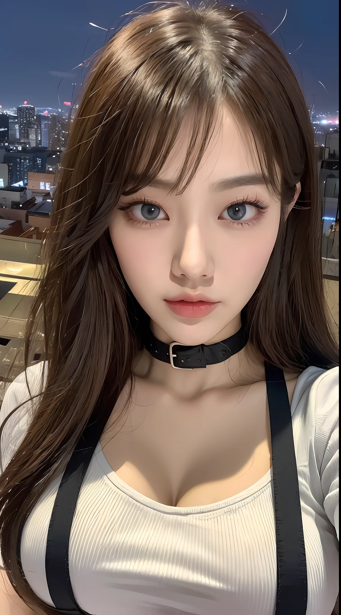 ((Midnight, Best quality, 8k, Masterpiece :1.3)), Whole body, Long legs, Sharp focus :1.2, A pretty woman with perfect figure :1.4, Slender abs :1.1, ((Dark brown hair,Gigantic breasts :1.2)), (White tight tshirt, Jean bib, Standing:1.2), ((Night city view, Rooftop:1.3)), Highly detailed face and skin texture, Detailed eyes, Double eyelid