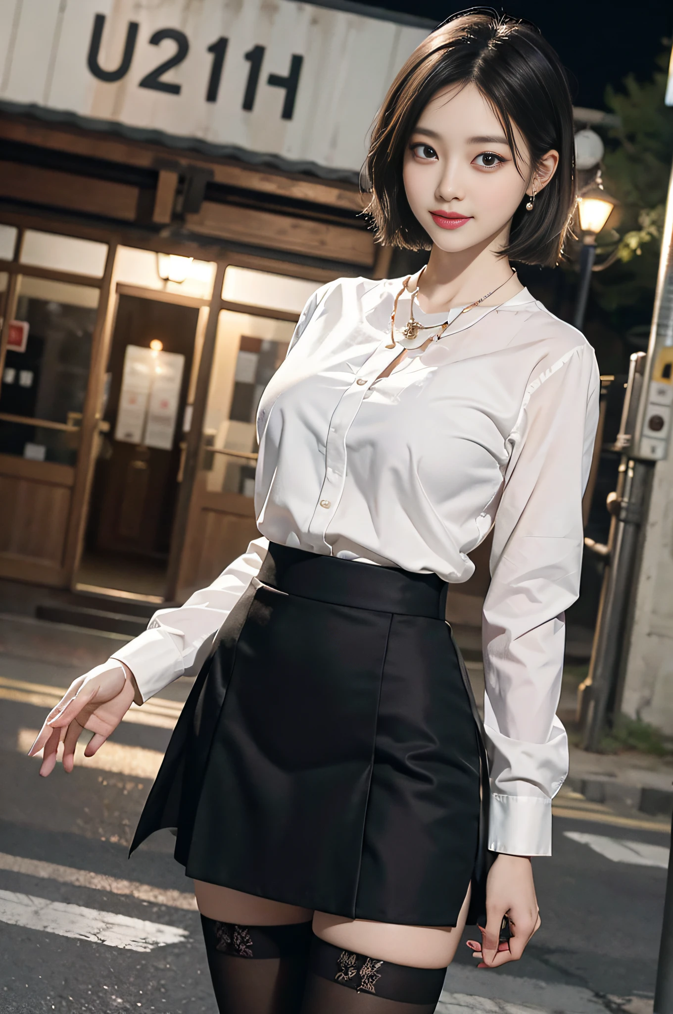 8K RAW Photos, High Resolution, 37 Year Old Slender Korean, Big Round Breasts, Formal Shirt, Formal Skirt, Very Thin Mouth, Duck Mouth, Grinning,, Beautiful Eyes in Detail, Long Eyes, Sanpaku Eyes, Cheeks, Long Eyelashes, Beautiful Double Eyelids, Eye Shadow, Beautiful Thin Legs, Stockings, Necklace, Earrings, Short Hair, In Front of the Station at Night