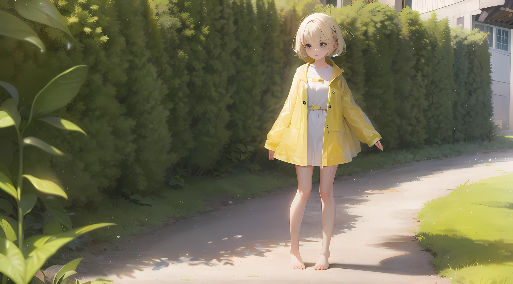 Girl in yellow raincoat, optimize hair details, optimize facial expressions, optimize palm movements, smooth skin, highlight the texture of raincoat gel coat, highlight the translucent texture of raincoat, no underwear, no underwear under raincoat, no underwear at the neck