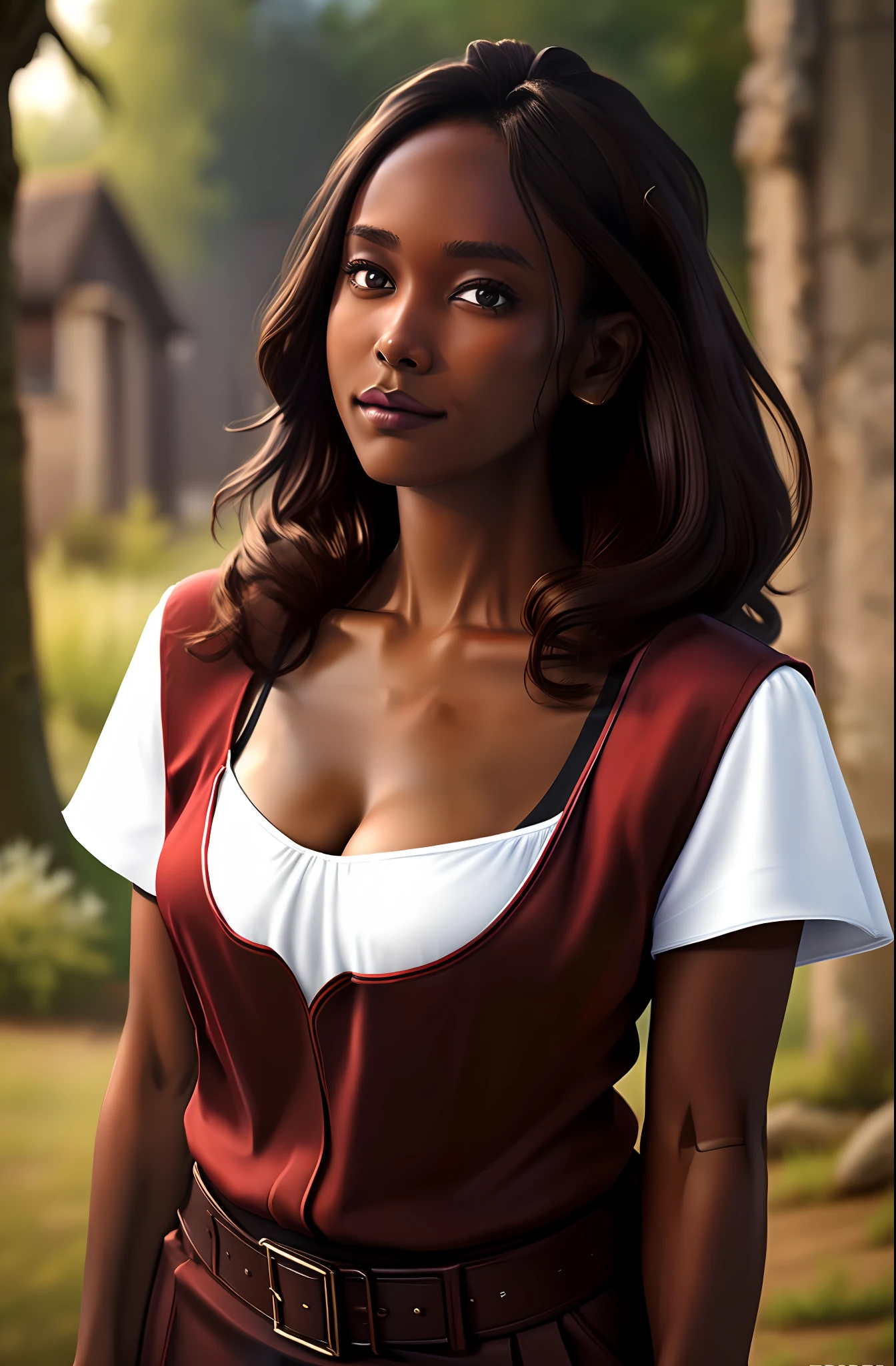 (best quality, masterpiece:1.2), A woman with brown skin, dark skin, portrait, cleavage, breasts, outdoors