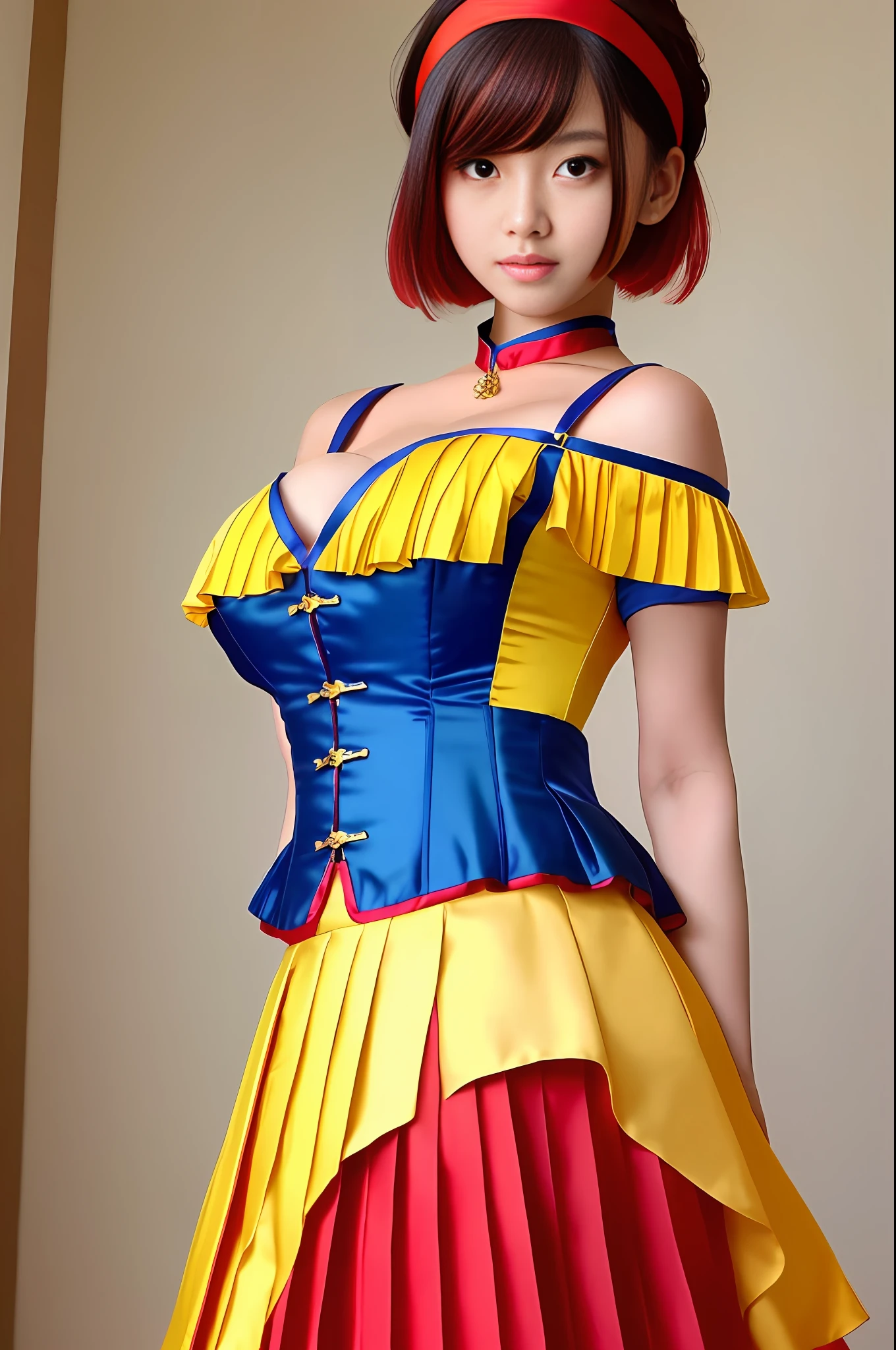 Beautiful Chinese model, 1girl, female, wearing (yellow pleated skater skirt, blue silk corset, red shoulder slash sleeves, hair: (short, bob, headband (red)), cleavage, large breasts, wide hips